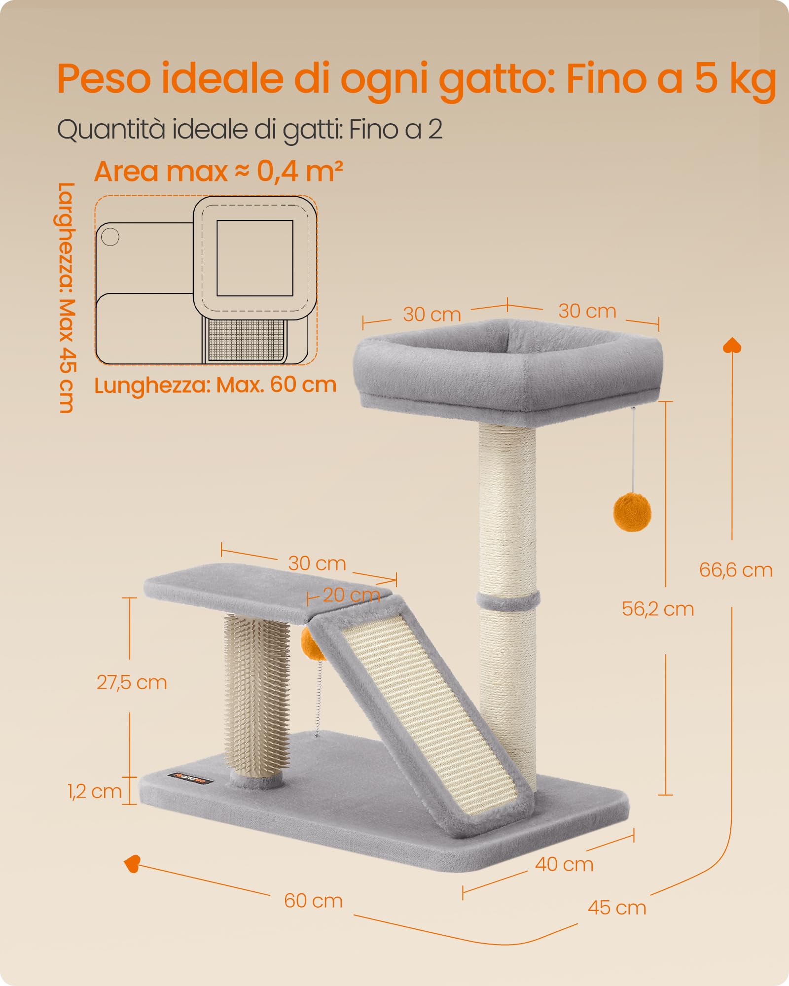 Feandrea Albero per Gatti con Lettino, Tiragraffi Multifunzionale da Interno con Rampa Graffiatoio Girevole, Trespolo, Auto-toelettatore, Pompon, Grigio Chiaro PCA024G01