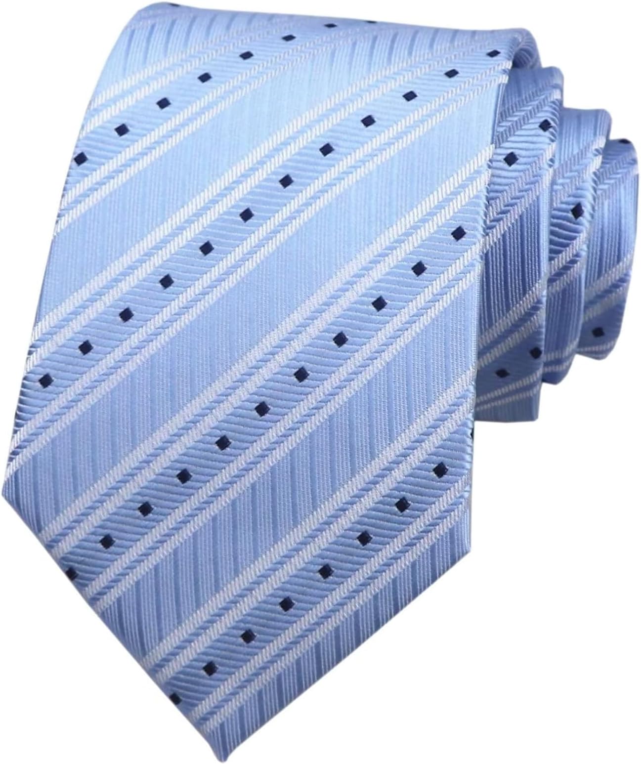 Men's Striped Necktie, Light Blue with Navy Dots and White Stripes, 146cm x 8cm, Business Formal Tie