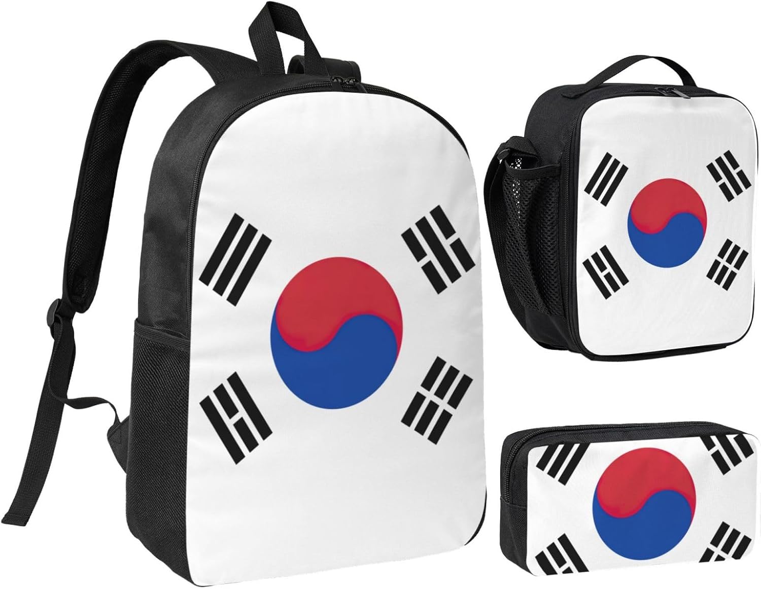 Flag of Republic of Korea print 3 Piece Backpack Bags with Lunch Box Pencil Case Set for Travel Work Camping Unisex