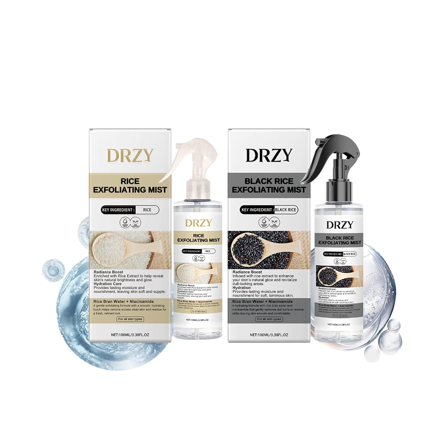 DRZY Rice & Black Rice Exfoliating Mist Set – Gentle Skin Renewal Pair with Rice Bran Water, Niacinamide & Hyaluronic Acid, Hydrating Face & Body Gift Collection 2×100ml
