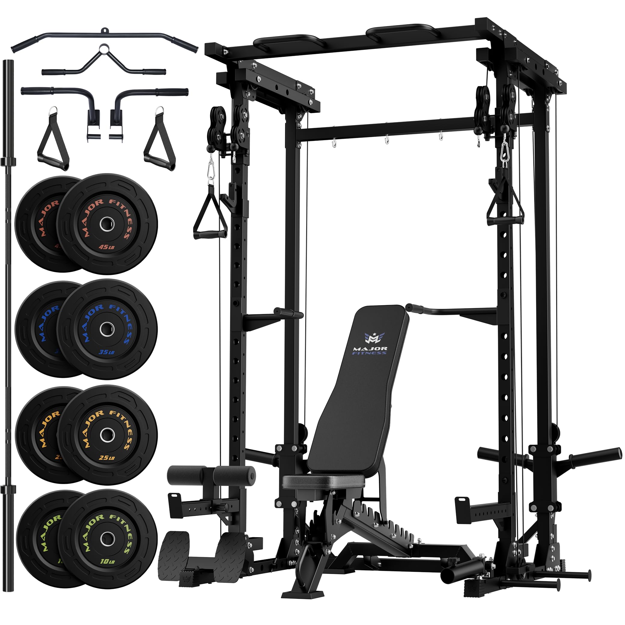 MAJOR FITNESS Drone3 Power Rack 2500lbs Multi-Function Home Gym Squat Rack with Dual Pulley System Pull-Up Bar J-Hooks