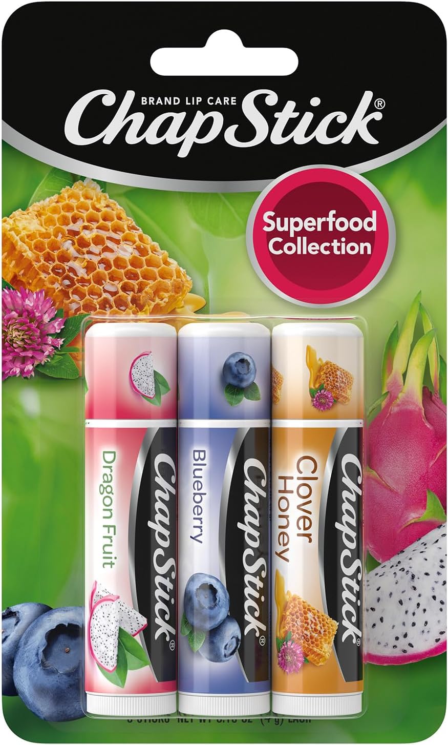ChapStick Lip Balm, Superfood Collection 3-Pack – Dragon Fruit, Blueberry & Clover Honey, Moisturizer for Dry Lips, 0.15 Oz