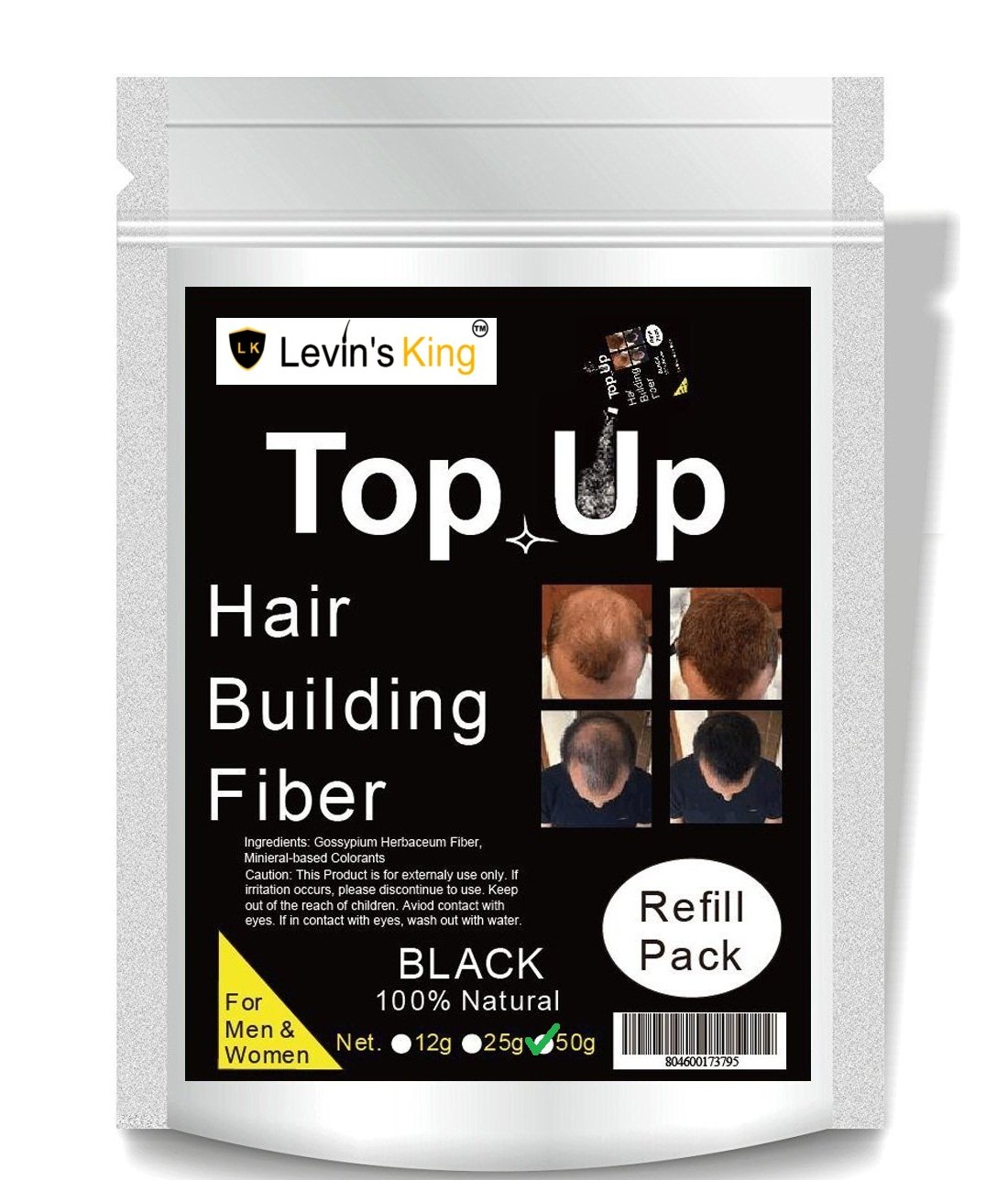 Levins King Hair Building Fiber, Hair Liquid Concealer Refill Pack Use For Caboki, Toppik, Looks 21 Etc. Black 50 Gram-image-22
