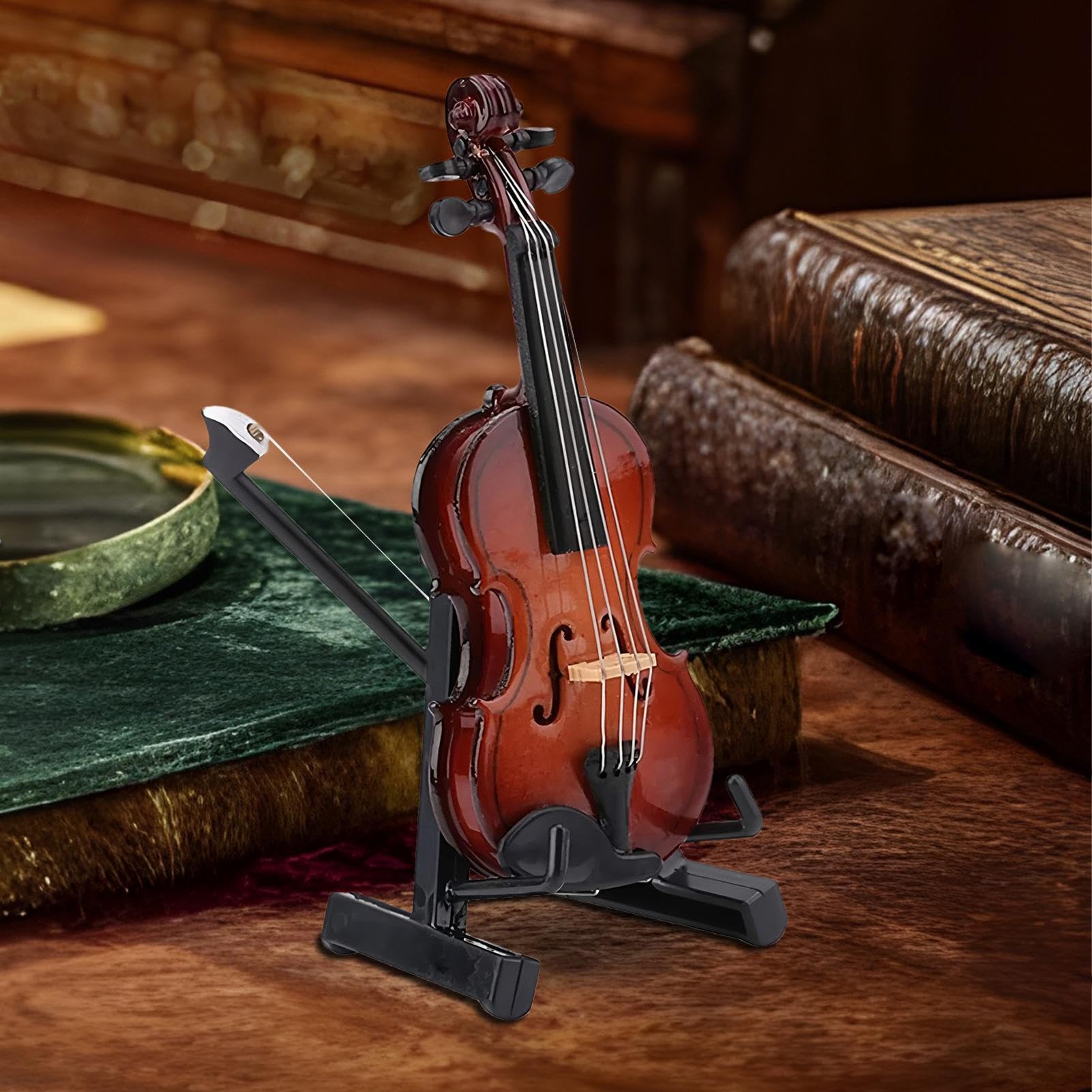 Generisch Violino in miniatura in legno con supporto, mini strumento musicale con supporto, modello da collezione, decorazione per casa delle bambole, soggiorno, camera da