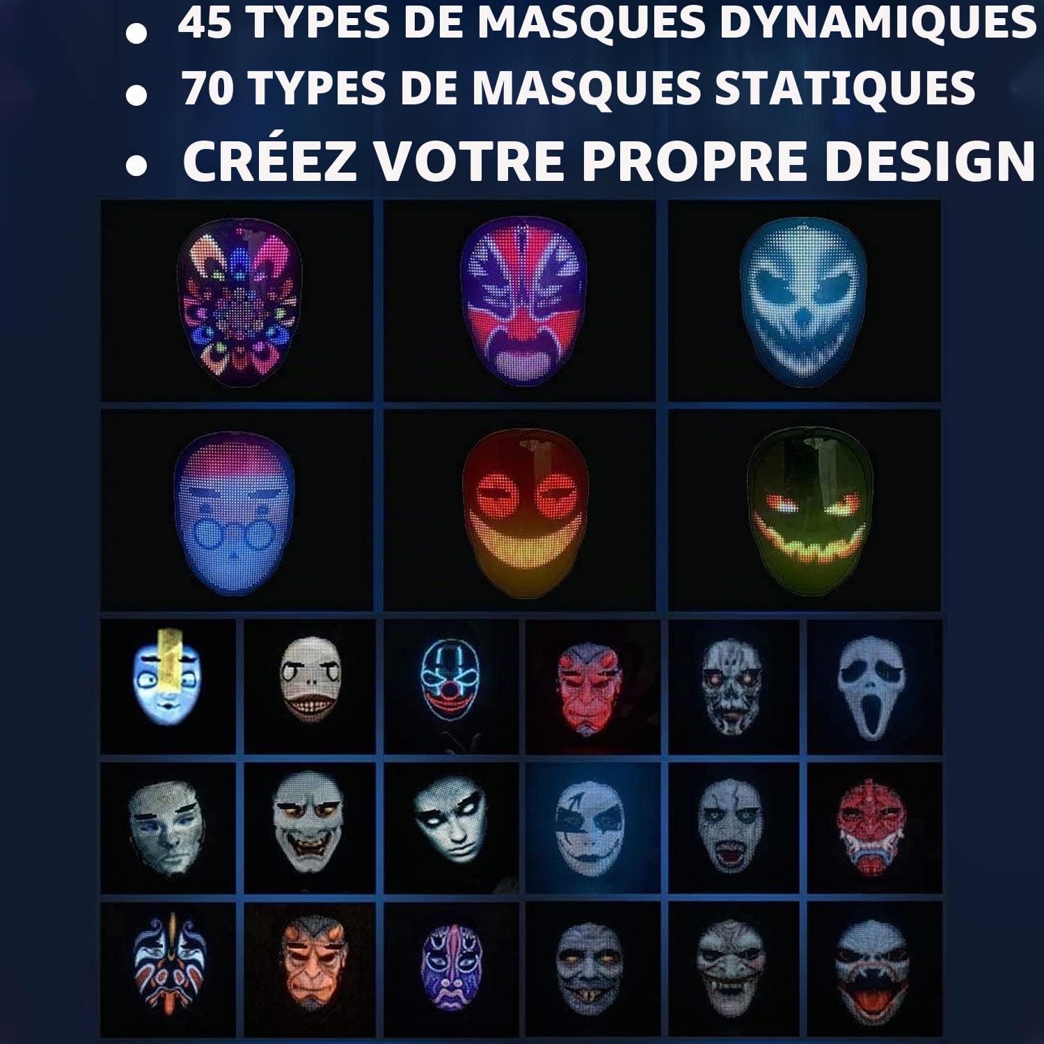 Facemask® | Masque Led Connecté | Qualité Premium | Ecran Programmable Bluetooth avec Smartphone | Cosplay | Insolite | Accessoire | Déguisement | Halloween | Recharge USB | 100% Horreur