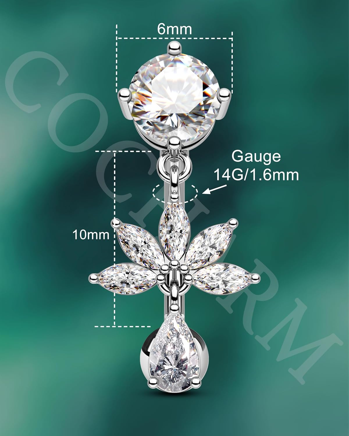 COCHARM Flower Dangle Belly Button Ring, 14G Gold Reverse Belly Button Piercing for Women, Surgical Steel Silver Navel Piercing Jewelry Hypoallergenic - Image 3