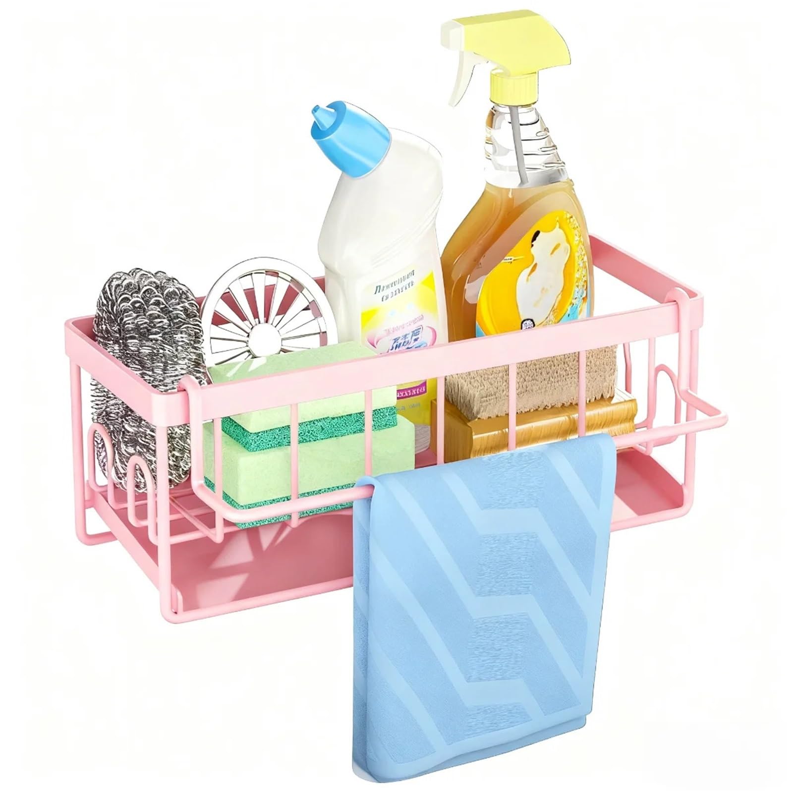 DSFVERVD Drain rack Kitchen Sink Caddy, Sponge Holder For, Organizer For Soap,Brush,Scrubber,Stopper, DIshcloth(Pink)