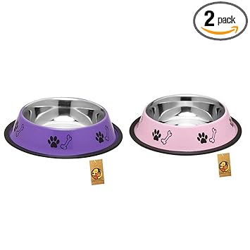 Foodie Puppies Stainless Steel Combo Offer Paw Bone Printed Precious Purple and Baby Pink Food Water Feeding Bowl for Dogs & Puppies (Medium, 700ml Each)