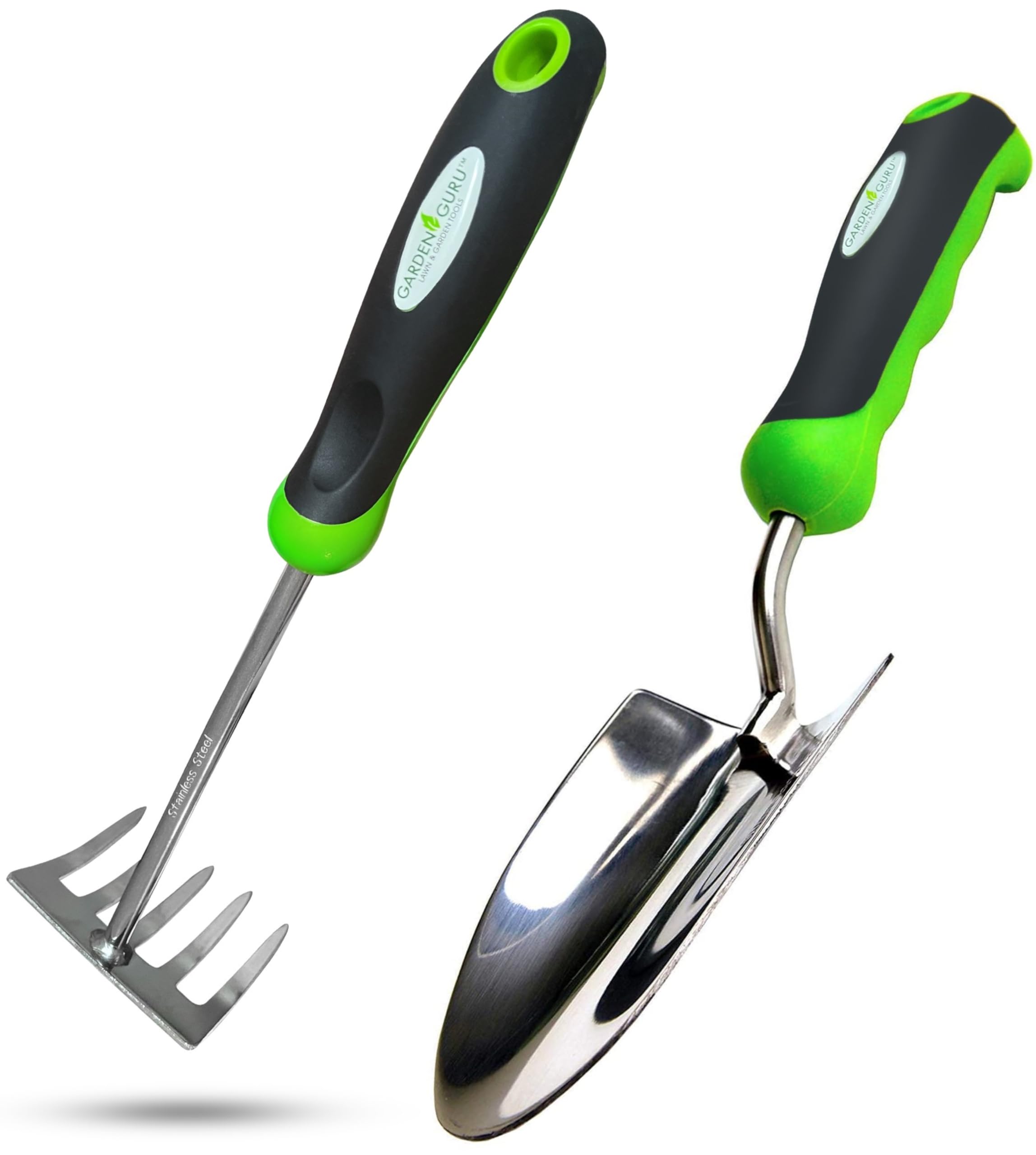 Garden Guru Garden Tool Set 2pc Hand Trowel, Cultivator Rake – Heavy Duty Stainless Steel - Ergonomic Comfort Grip Handle – Perfect Gardening Tool Kit Gift for Women and Men