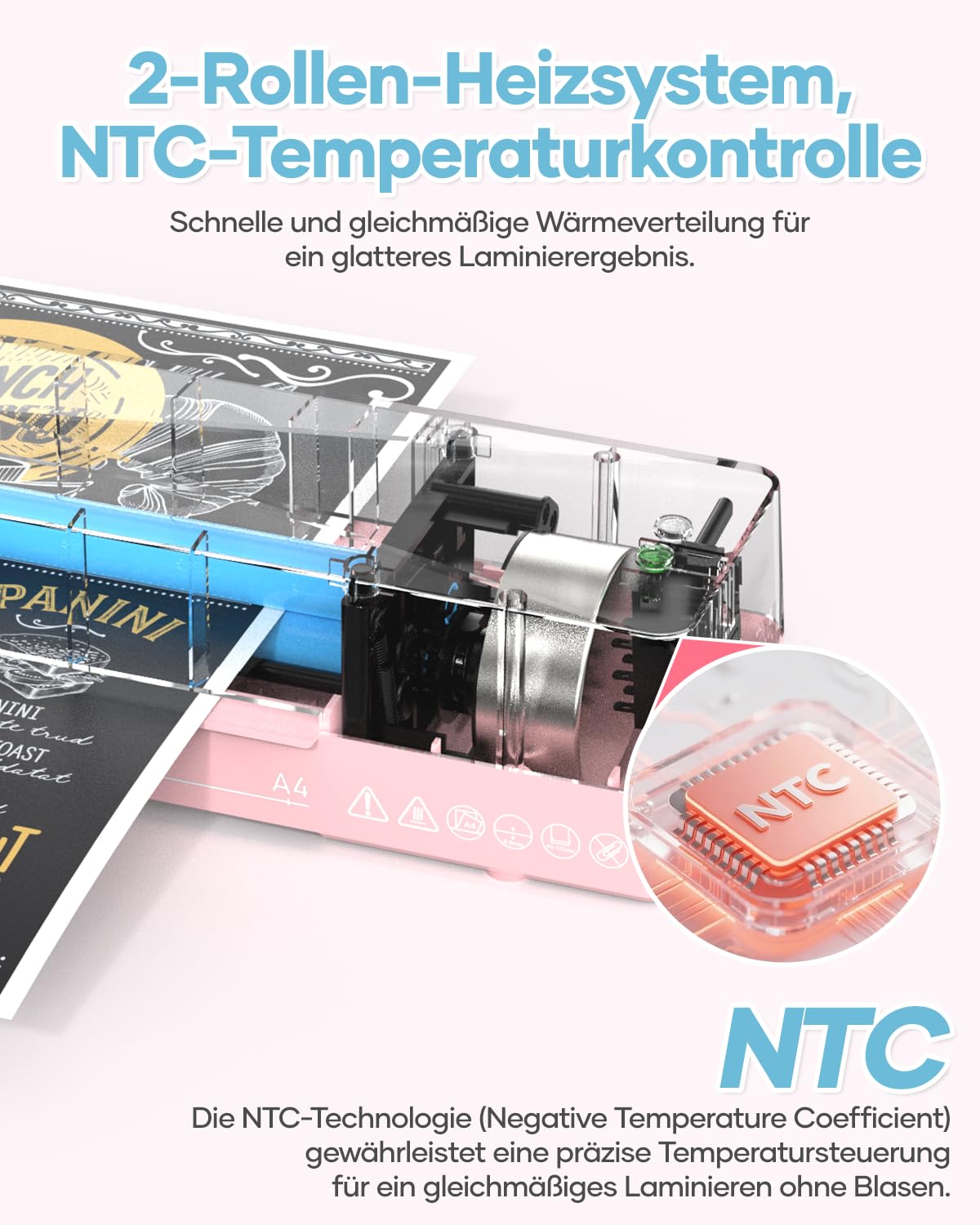 Crenova Laminiergerät A4/A5/A6,Schneller Laminator mit 10 Laminierfolien,Personal für Hausgebrauch,Schule Lehrer,Büro Karte (Rosa)