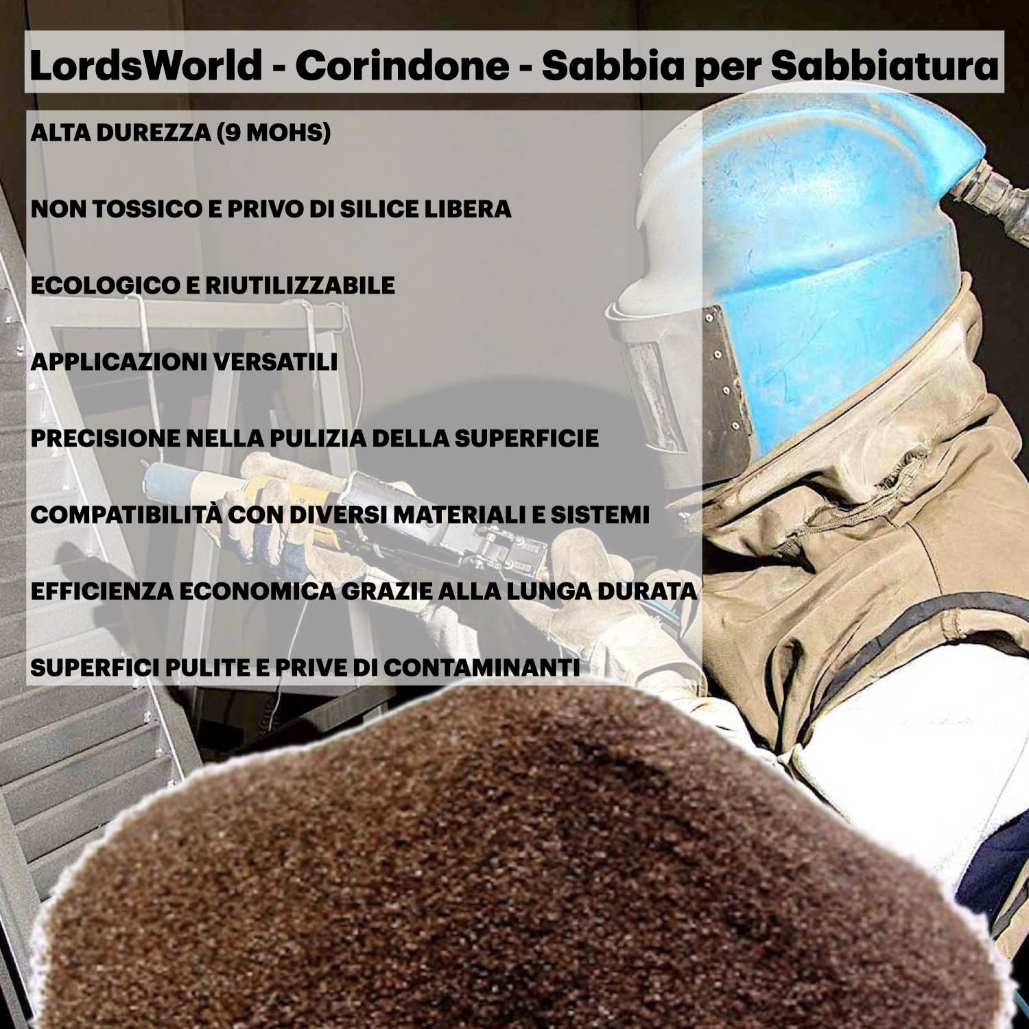 Corindone Rossobruno Abrasivo 5Kg 12 Mesh - Sabbia per sabbiatrice, Durezza 9 Mohs, Riutilizzabile 7-9 Volte, per Sabbiatrice, Metalli, Legno, Gioielli - LordsWorld