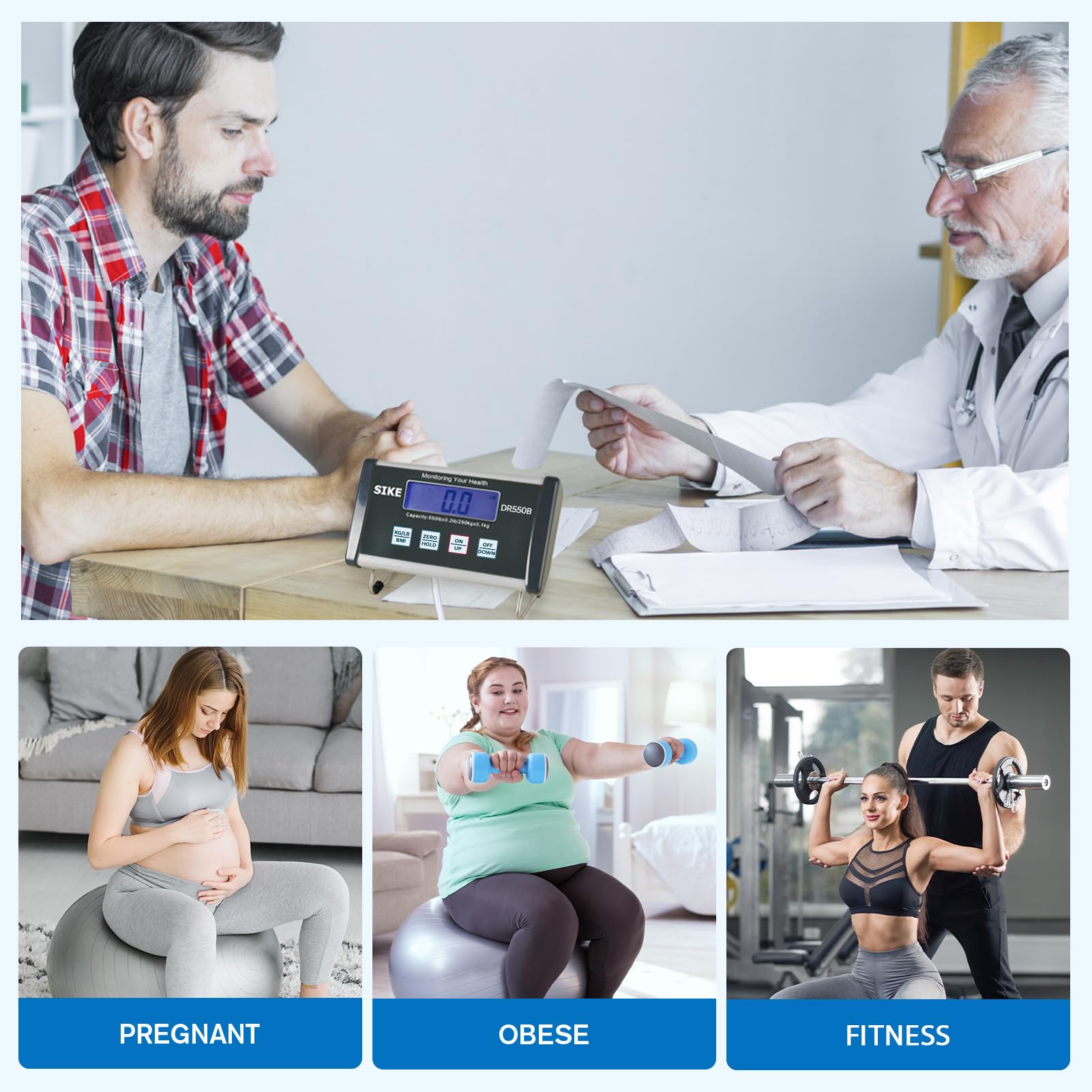SIKE Bilancia medica digitale BMI, bilancia medica da pavimento per peso corporeo, limite 250 kg, bilancia professionale portatile, facile da leggere, resistente, piattaforma da 31,8 x 30,5 cm
