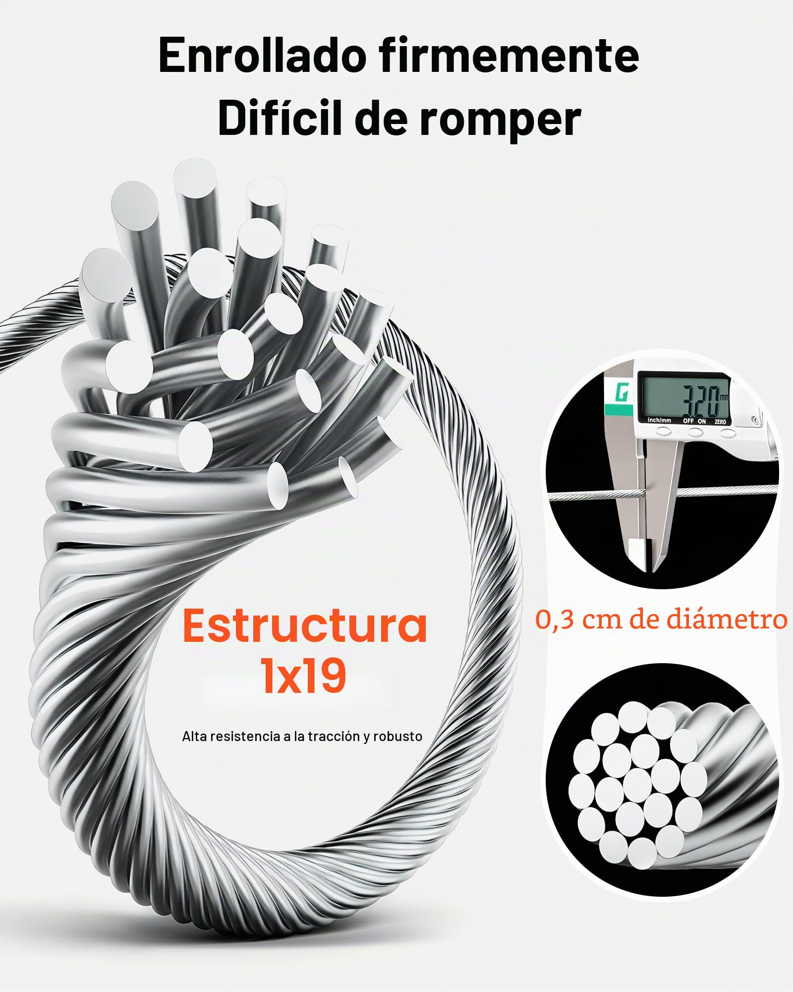 VEVOR Cable de Acero Inoxidable 316 Diámetro de 3,2 mm, Rollo de Cuerda de Alambre 152,4 m, Resistencia a la Rotura de 798,3 kg, Construcción de 1 x 19, para Barandillas y Enrejados de Jardín