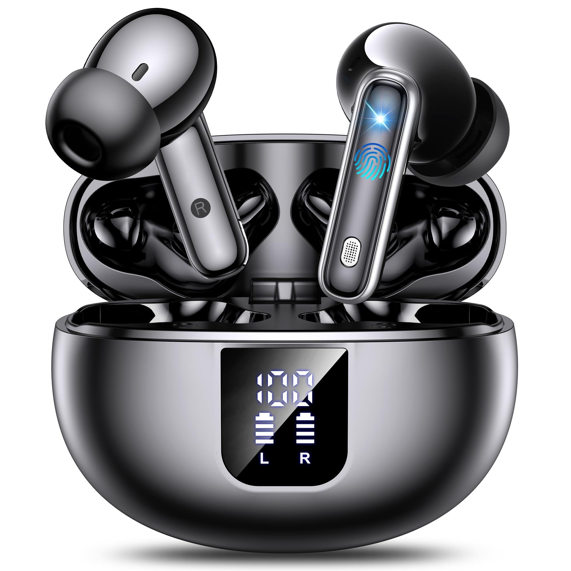 Kopfhörer Kabellos Bluetooth 5.4 ANC+ENC Noise Cancelling In Ear Kopfhörer 360° HiFi Stereo 1 std Schnellladung 36 Std Spielzeit Ohrhörer mit LED Ladebox S/M/L Ohr Kappen Type C Ladekabel (Schwarz)