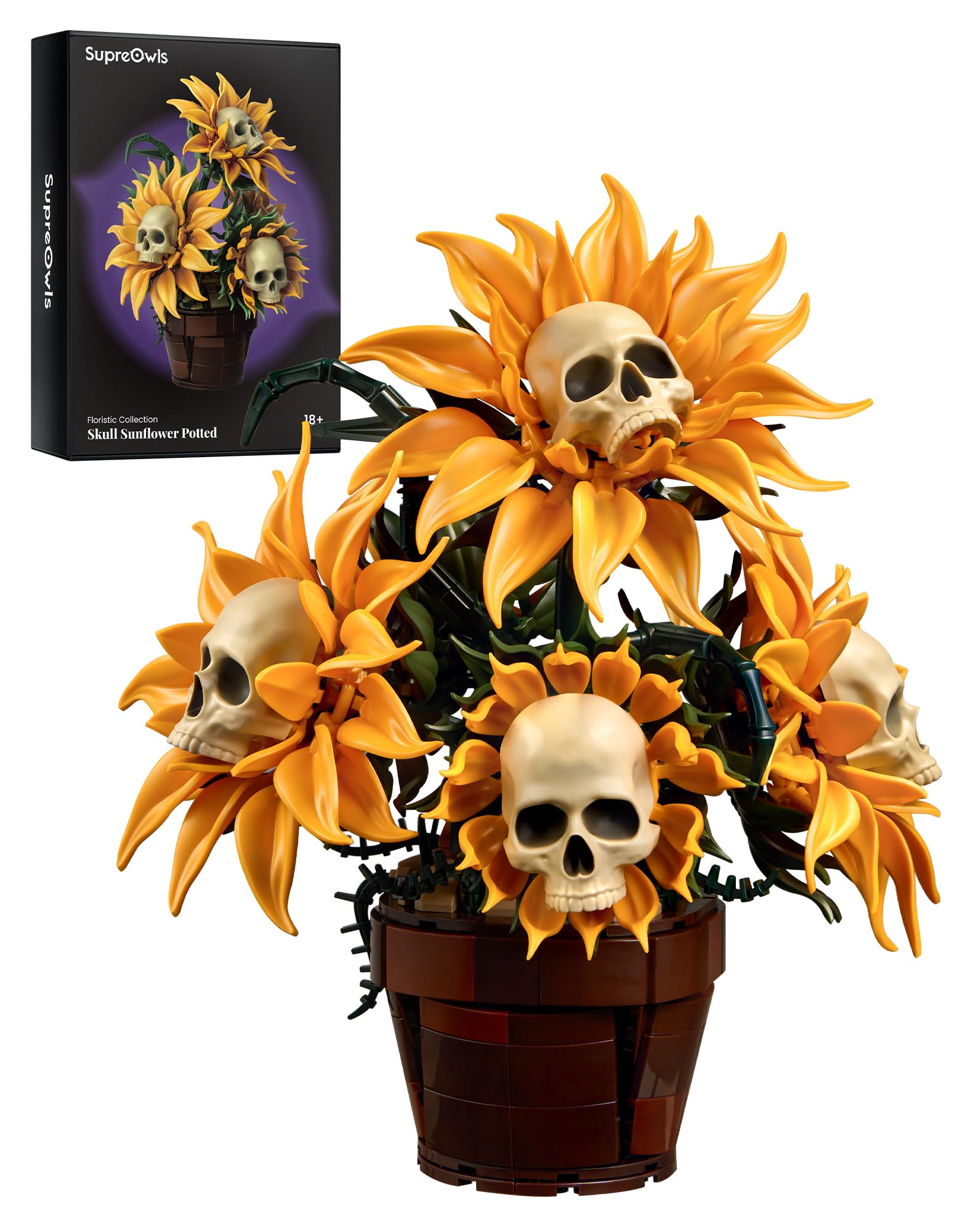 SupreOwls Botanicals Sunflowers Building Set with Skull Head Gifts Idea for Adult on Birthday, Halloween, Christmas, Gothic Home Decor