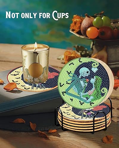 Miniatura 2 de Juego de 8 posavasos de pintura de diamantes de Halloween con soporte, kits de arte de diamantes de imitación 5D, kits de pintura de diamantes de