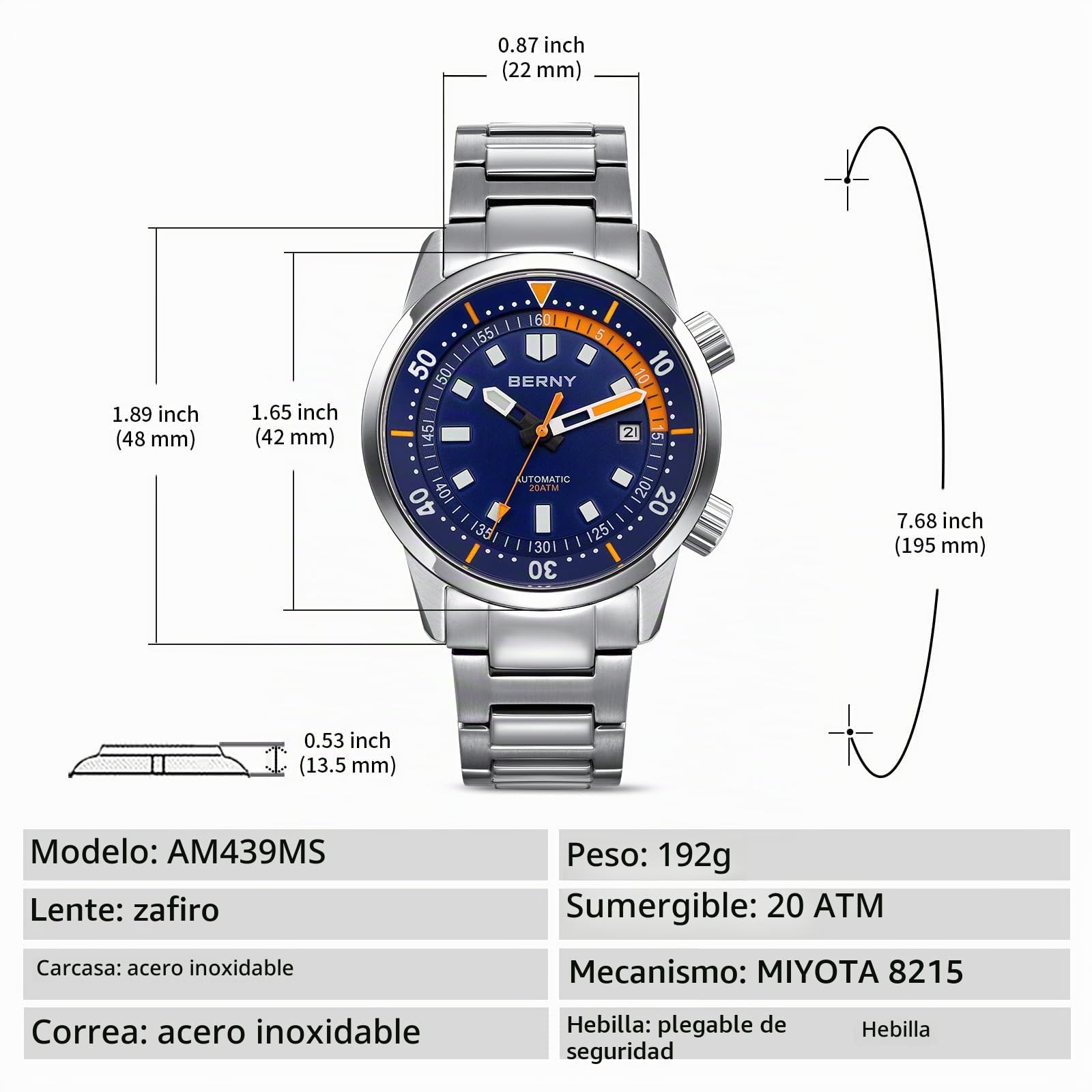 BERNY Reloj Automático para Hombres Sumergible 20 ATM Mecánico con Vidrio de Zafiro, Cómoda Correa de Acero Inoxidable y Súper Luminoso