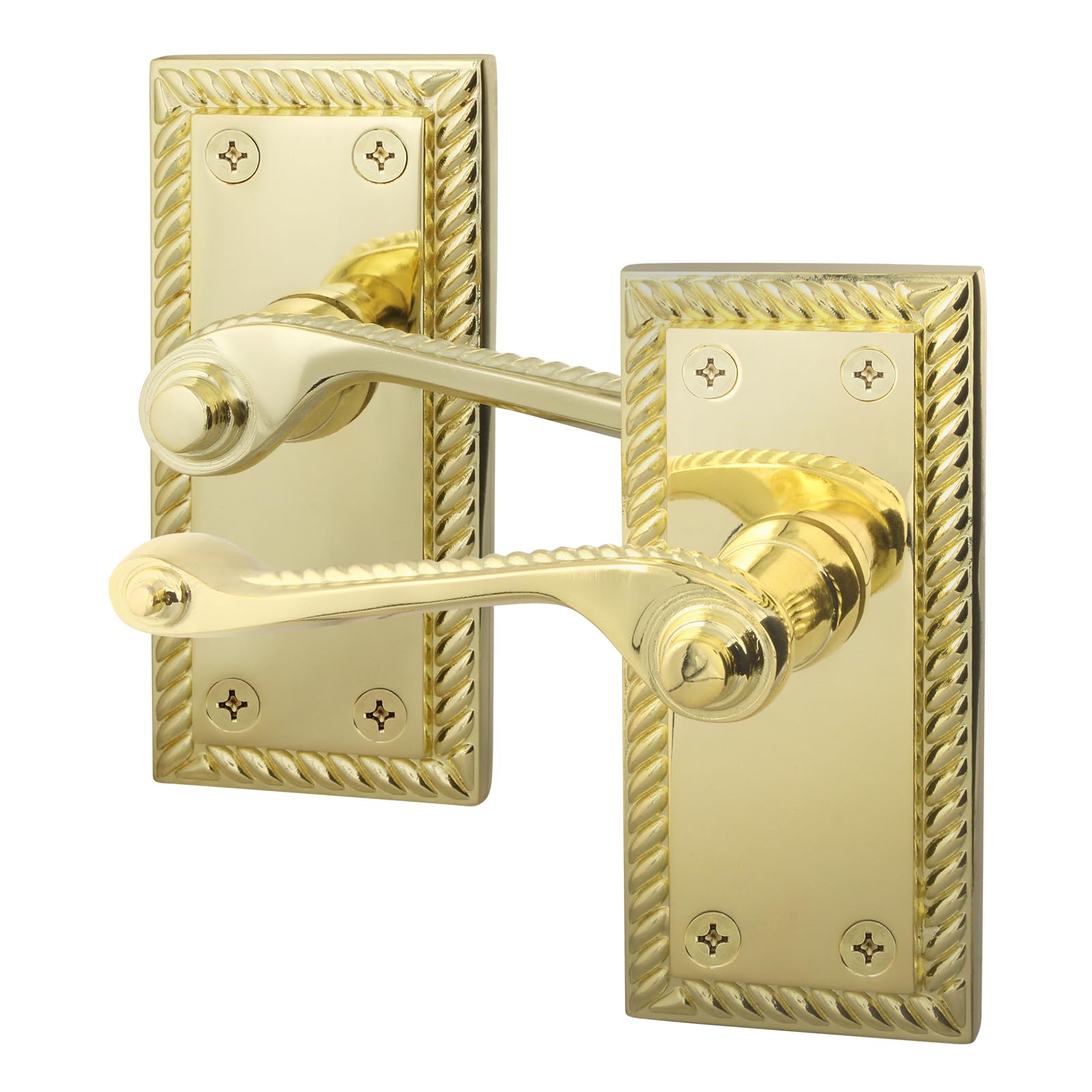 EAI Polished Brass Door Handles, 1 Pair on Backplate - Rope Scroll