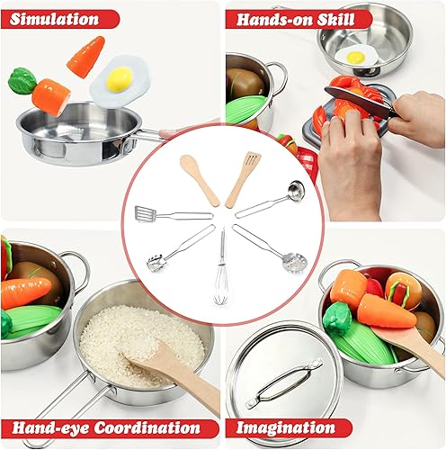 Miniatura 6 de Juego de accesorios de cocina para niños, juego de 32 artículos de ollas y sartenes de acero inoxidable con organizador de estante, utensilios de
