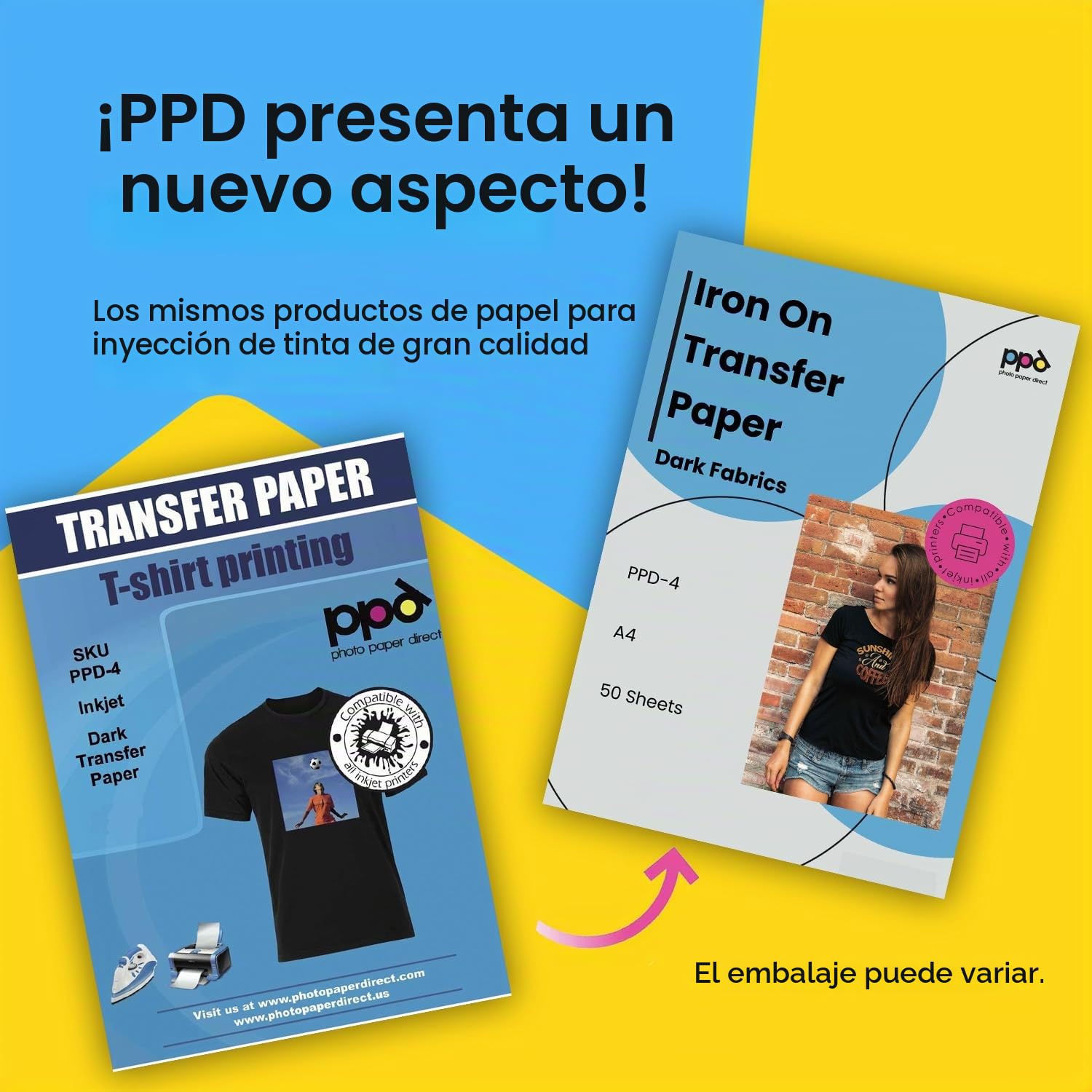 PPD A4 x 50 Hojas de Papel de Transferencia Térmica Para Camisetas, Mascarillas y Tejidos Oscuros - Para Impresora de Inyección de Tinta Inkjet - PPD-4-50