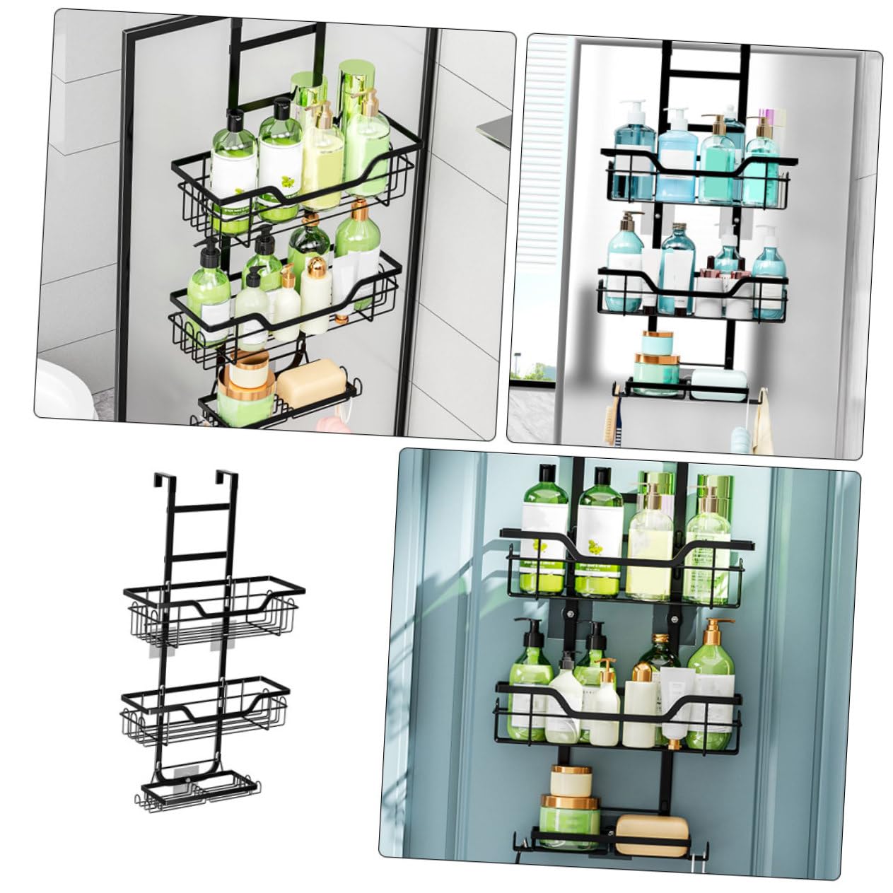 Abaodam 3nivel Estantes de Baño Colgantes sobre Puerta Perforaciones Estante de Almacenamiento de Metal Negro para Ducha