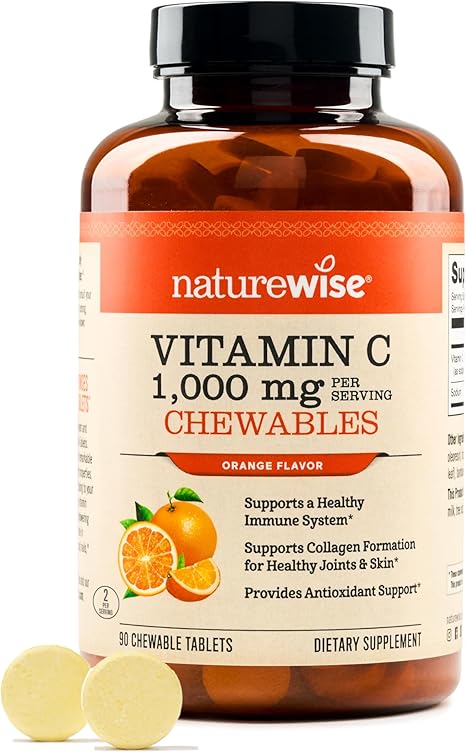 NatureWise Extra Strength Vitamin C Chewable 1000mg for Adults - Natural Orange Flavor - Immune System & Antioxidant Support - Non-GMO, Vegan & Sugar Free - 90 Chewable Tablets[45-Day Supply]