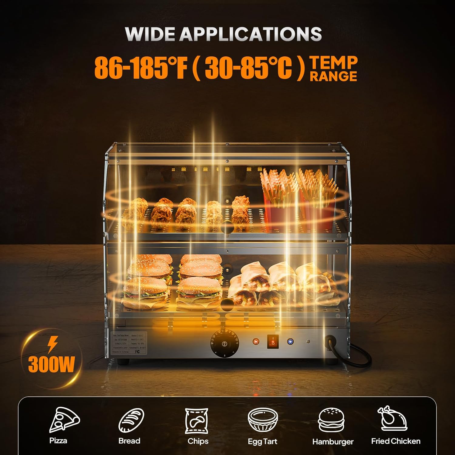 ROVSUN 2-Tier Food Warmer Pizza Warmer Countertop, Food Warmer Display Pretzel Warmer with LED Lighting Front and Rear Doors, Electric Catering Hot Box Acrylic for Buffet Restaurant Cafe