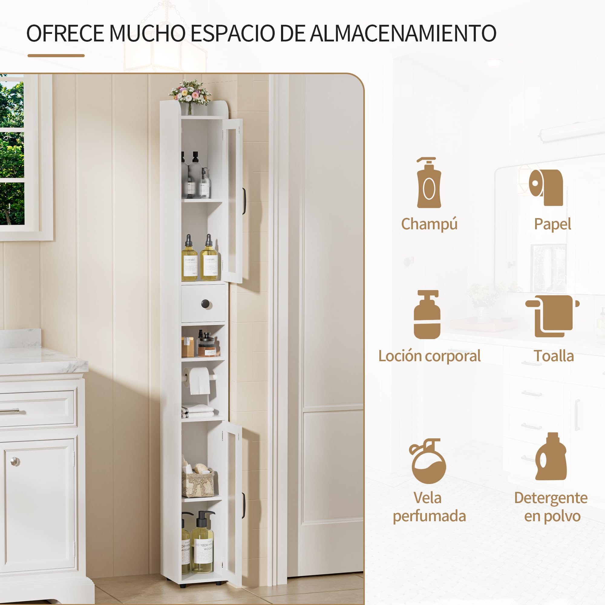 BonVache Mueble Baño Columna, Armario de baño con Estantes Ajustables, Estanterías con 2 Puertas de Vidrio y 1 cajón, Portarrollos Baño, Blanco, 20x20x180 cm