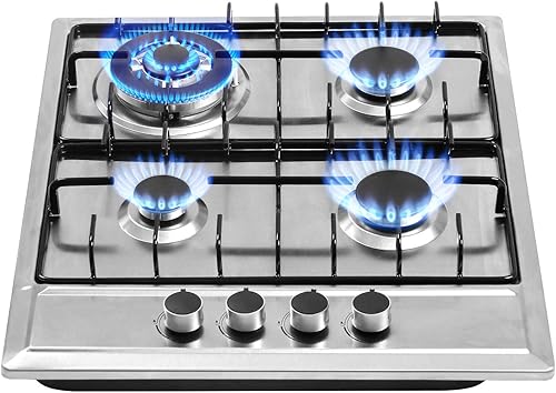 Cocina de gas integrada de 24"x20" de 4 quemadores de acero inoxidable con kit de conversión NG/LPG, protección de termopar y fácil de limpiar