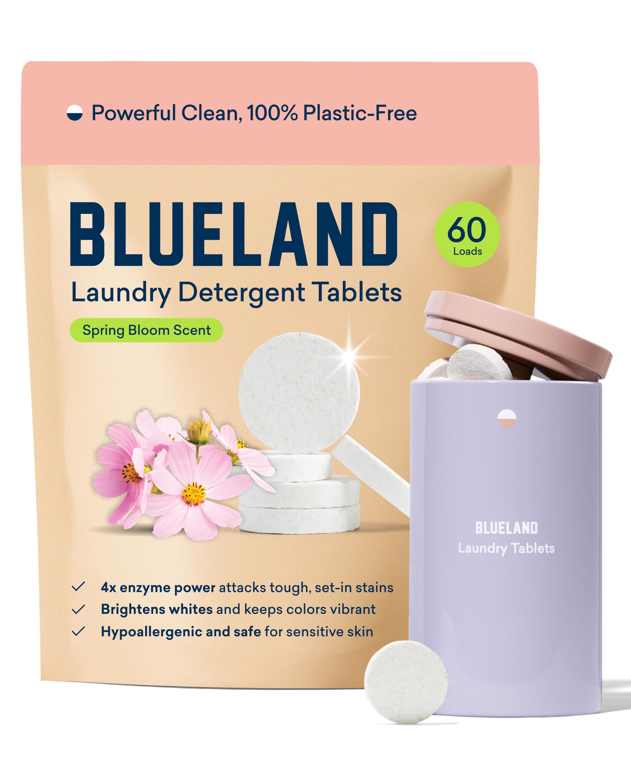 Sponsored Ad - BLUELAND Laundry Detergent Tablets, Starter Set, Spring Bloom Scent, 60 Count with Tin, Plastic-Free Eco-Friendly Pods, Sheets, Liquid Alternative - Natural, Gentle