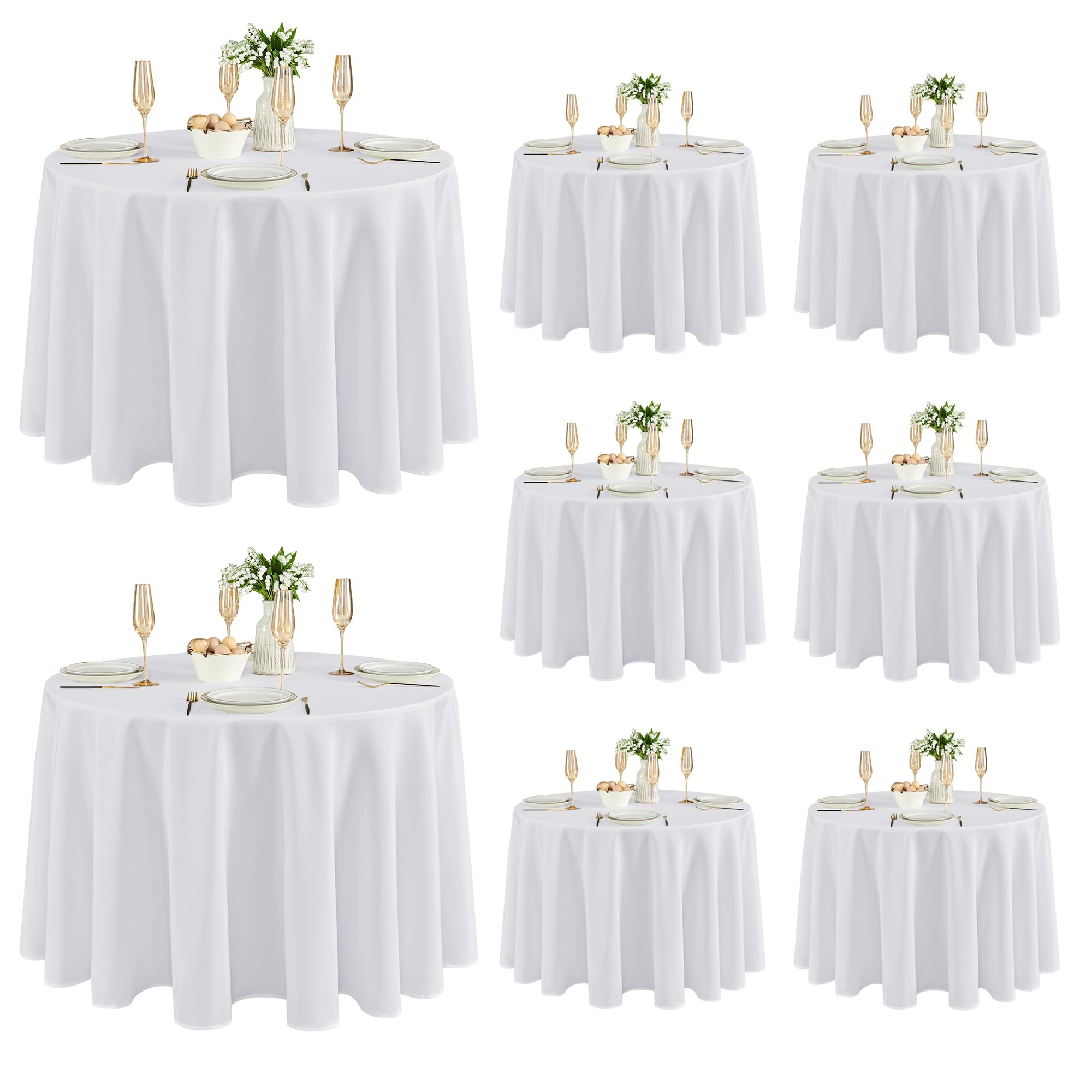 Photo 1 of Fitable 8 Pack Round Tablecloths: Stain Resistant Wrinkle Free Circle Table Clothes, Washable Reusable Polyester Table Covers for Wedding Party Birthday Banquet Reception(White, 120 Inch)