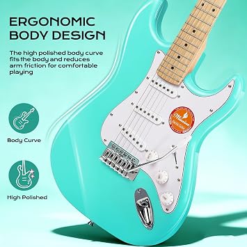 Bullfighter 39 In Electric guitar 4/4 Full Size, SSS Pickup, Guitar Electric ST for Beginners Starter Music Lover with 8 Accessories Guitar Bag, Strap, Picks, Tuner, Strings and Cable. MS-100 (Green)