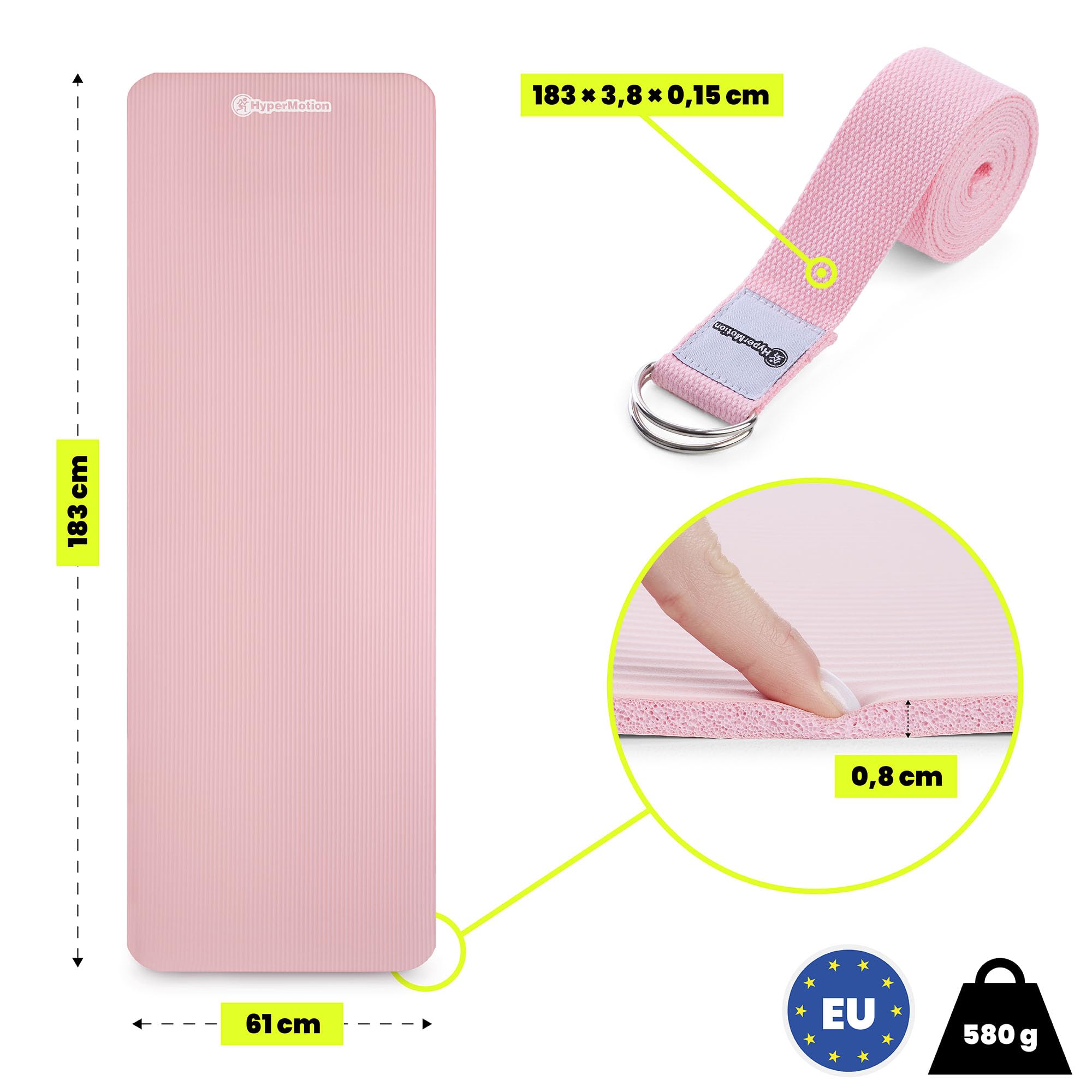 HyperMotion Mata do Ćwiczeń Fitness i Jogi NBR 183x61x0,8 cm Różowa, Antypoślizgowa, 8 mm, z Paskiem do Ćwiczeń i Przenoszenia, do Jogi, Pilatesu i Stretchingu