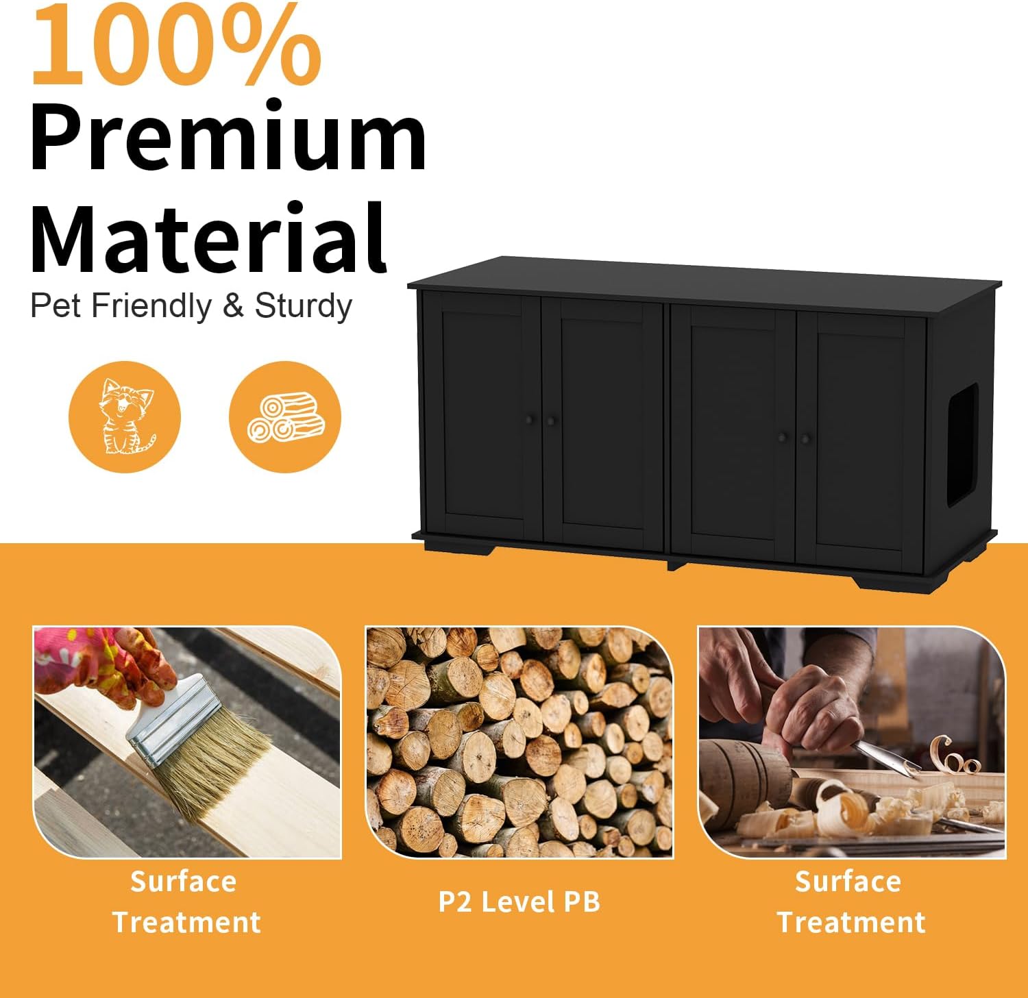 MOOLIVE Cat Litter Box Enclosures, 47.2" Double Hidden Litter Box Furniture Cabinet with 4 Doors and Divider, Large Cat Washroom for 2 Cats, Black