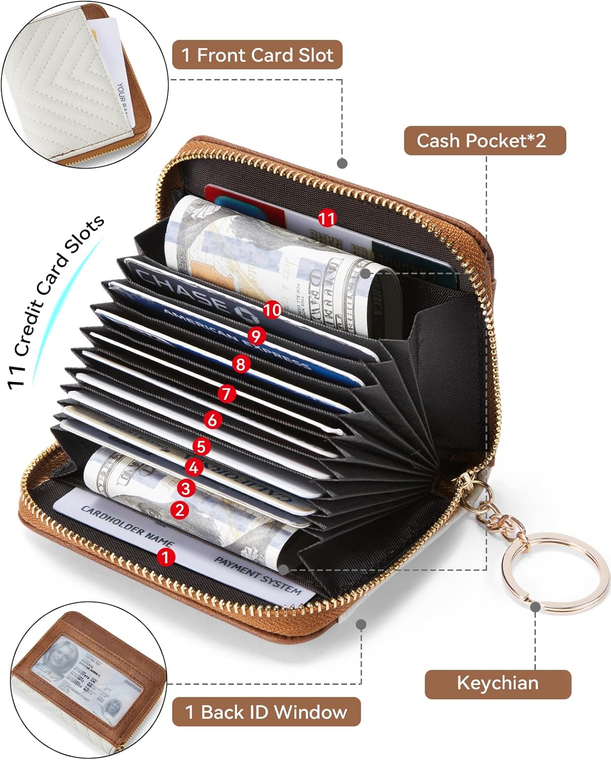 BOSTANTEN Credit Card Holder Wallet RFID Blocking Leather Small Wallet for Women Zipper Keychain Wallet with Wristlet Beige＆Brown - Image 2