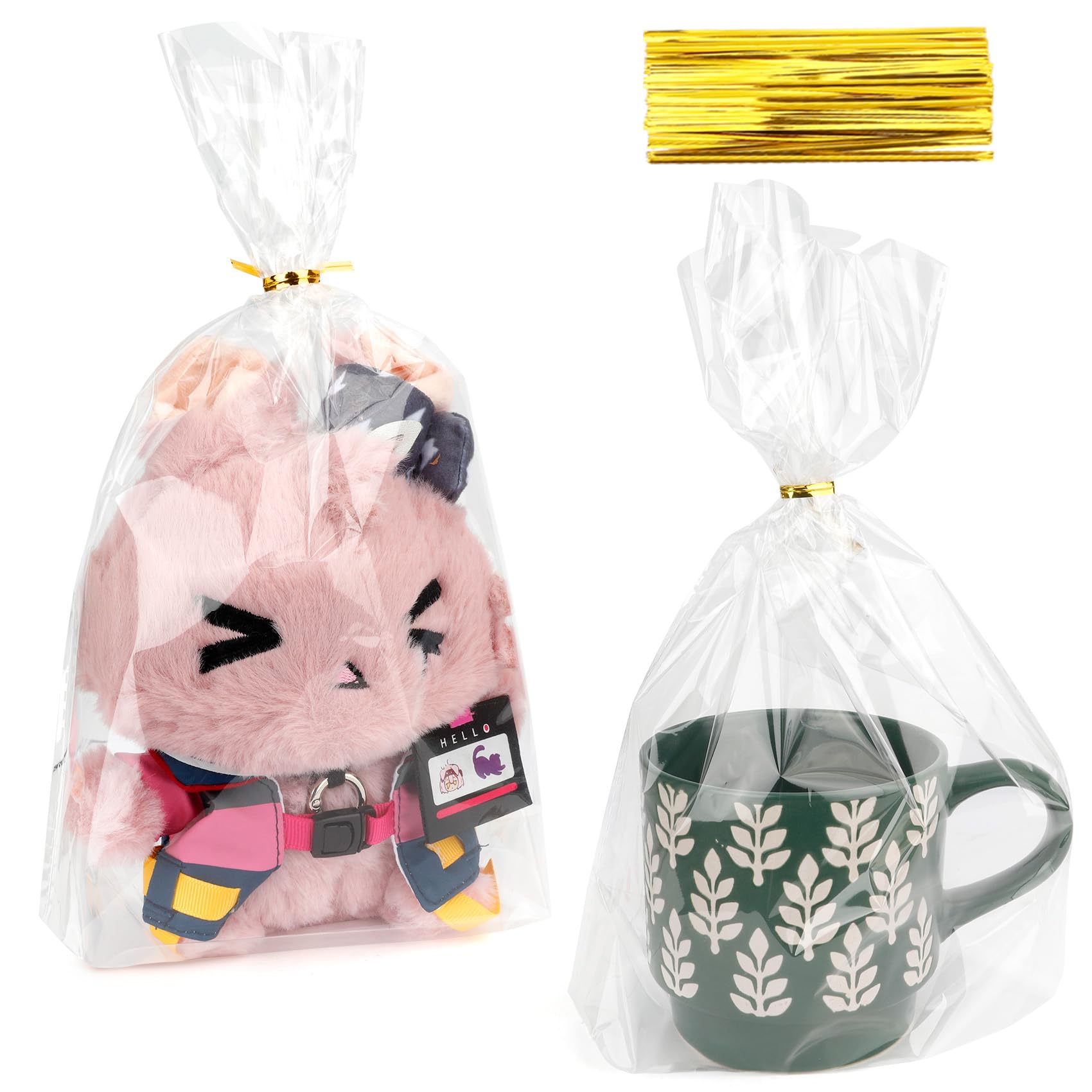 Diueoly 8"x11" Bottom Gusset Cellophane Bags, 50 PCS Clear Plastic Cello Cookie Candy Bags Gift Wrap with Twist Ties for Snacks Storage, Mugs, Party