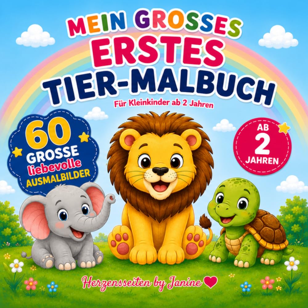 Mein grosses erstes Tier-Malbuch: 60 grosse, liebevolle Ausmalbilder mit niedlichen Tieren für Kleinkinder ab 2 Jahren