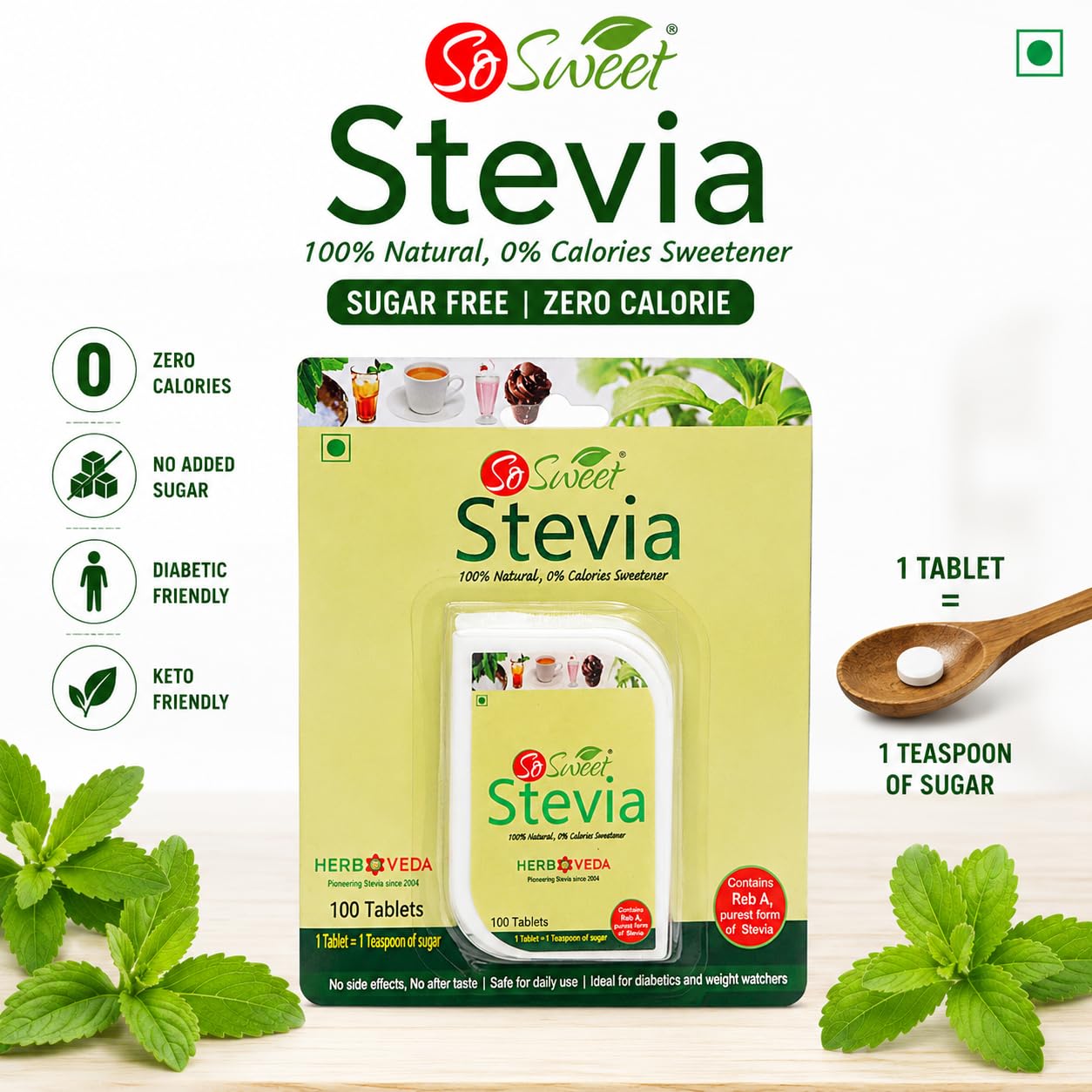 So Sweet Stevia Tablets Sugar Free Natural Zero Calorie Sweetener 100 Tablets