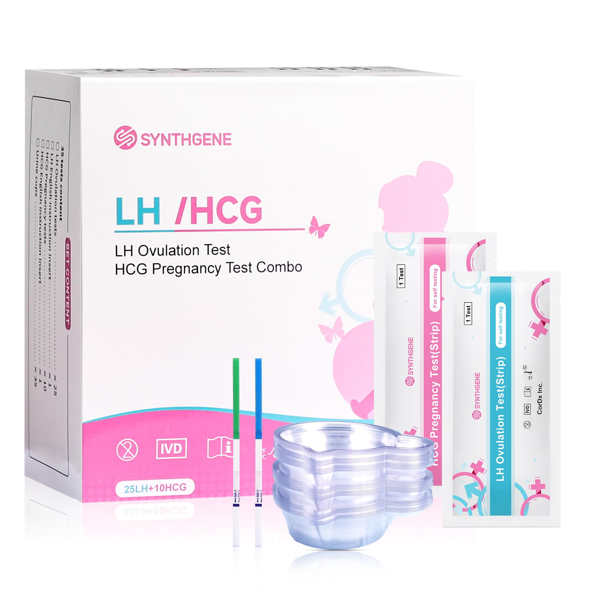 SYNTHGENE Ovulation Test Strips, LH 25 HCG 10 Ovulation and Pregnancy Tests, 25 Ovulation Tests and 10 Pregnancy Tests with 35 Urine Cups, Detect Early Pregnancy and Accurately Track Ovulation