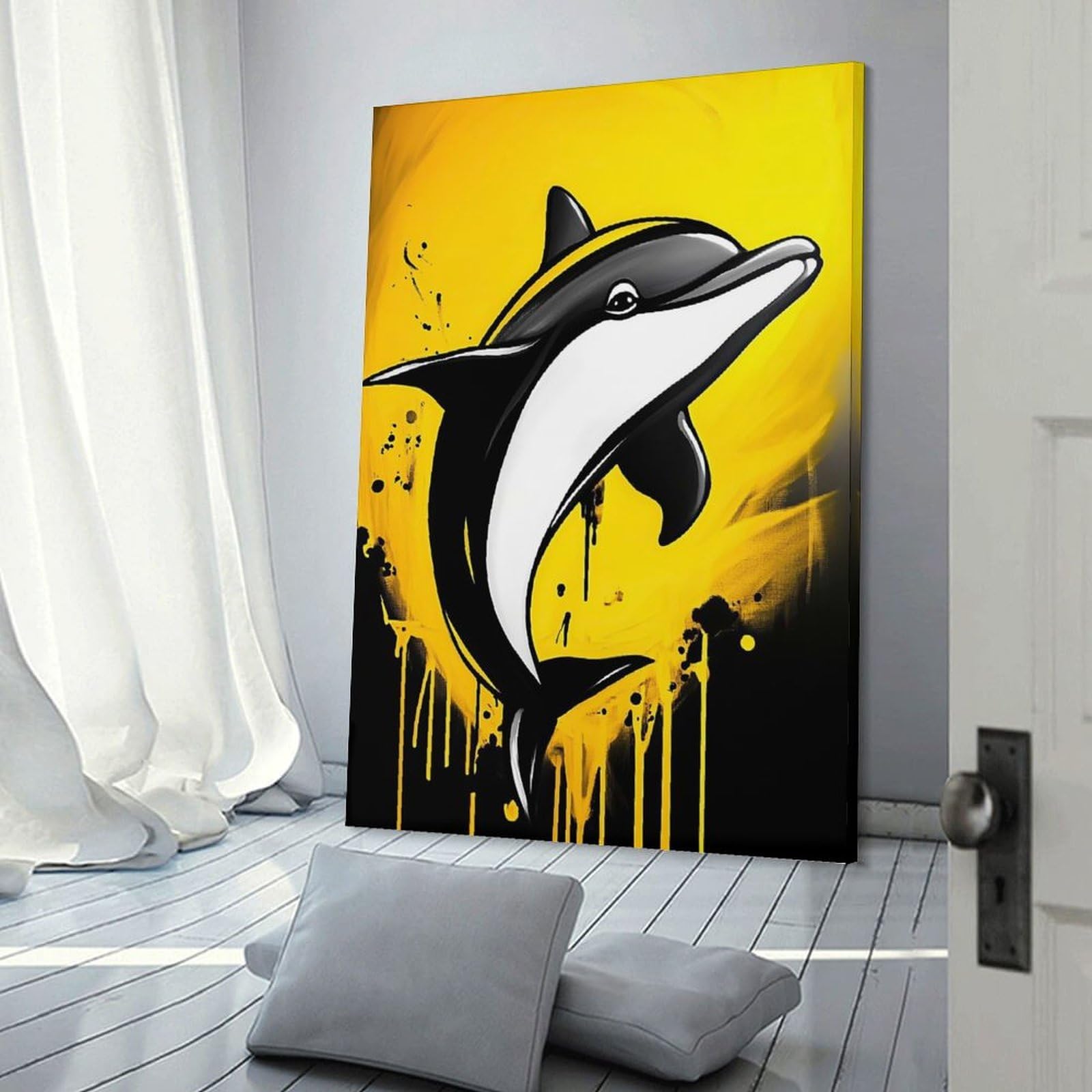 Junmoney Yellow Dolphin Art Room Decor Wall Art, 12x18inch(30x45cm), for Bedroom Walls, Guest Spaces Or Lounges, Stylish Decor for A Restful Room Update