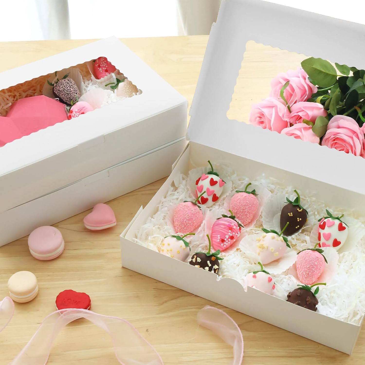  7pcs Cookie Boxes with 3 Style Window,12x8x2.5 In White Treat Boxes | for Chocolate Strawberries, Breakable Heart, Pastries, Desserts, Cake Pops & Treats thumbnail