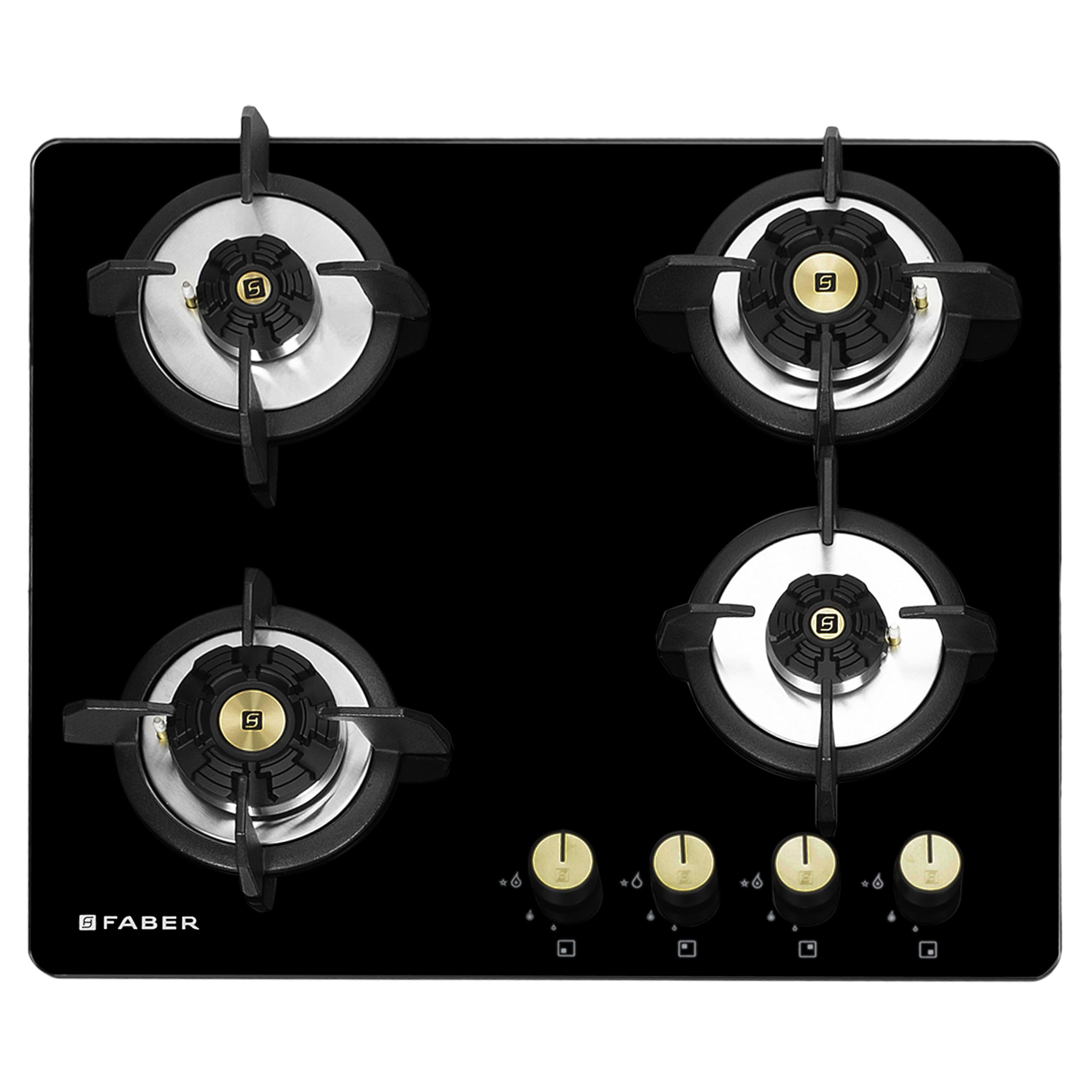 Hob/Hobtop 4 Brass Burner Auto Electric Ignition Glass and Mild Steel Top (Maxus HT604 CRS BR CI AI) Black
