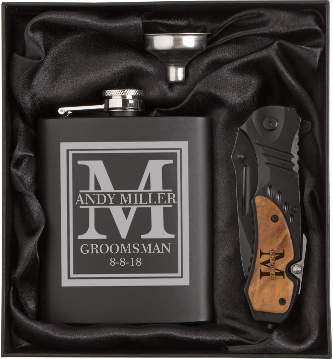 Custom Initial Deluxe Engraved 7oz Stainless Steel Flask Funnel Rescue Knife Gift Box Set Personalized