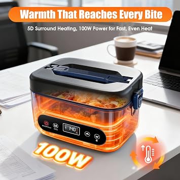 Cordless Electric Lunch Box for Adults, 100W Rechargeable Auto Heated Lunch Box 5-Sided Heating 1.2L Heating Lunchbox Smart Timer Leak-Proof Portable Food Warmer for Office Worksite Car Travel