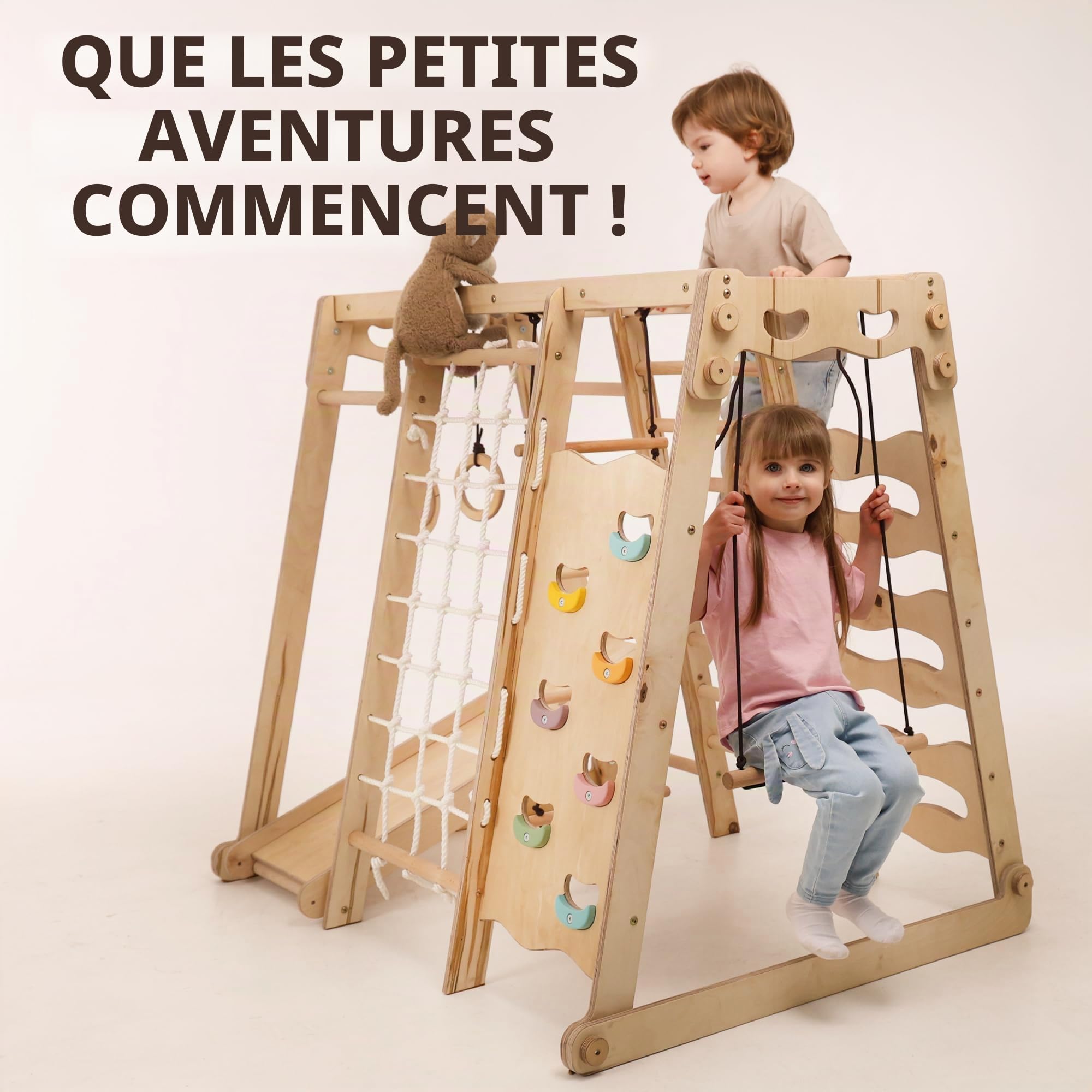 Jungle gym d’intérieur en bois 9-en-1 pour enfants, avec espalier suédois, barres de singe, barre de traction, anneaux, balançoire, échelle de corde, planche d’escalade, toboggan et plateforme