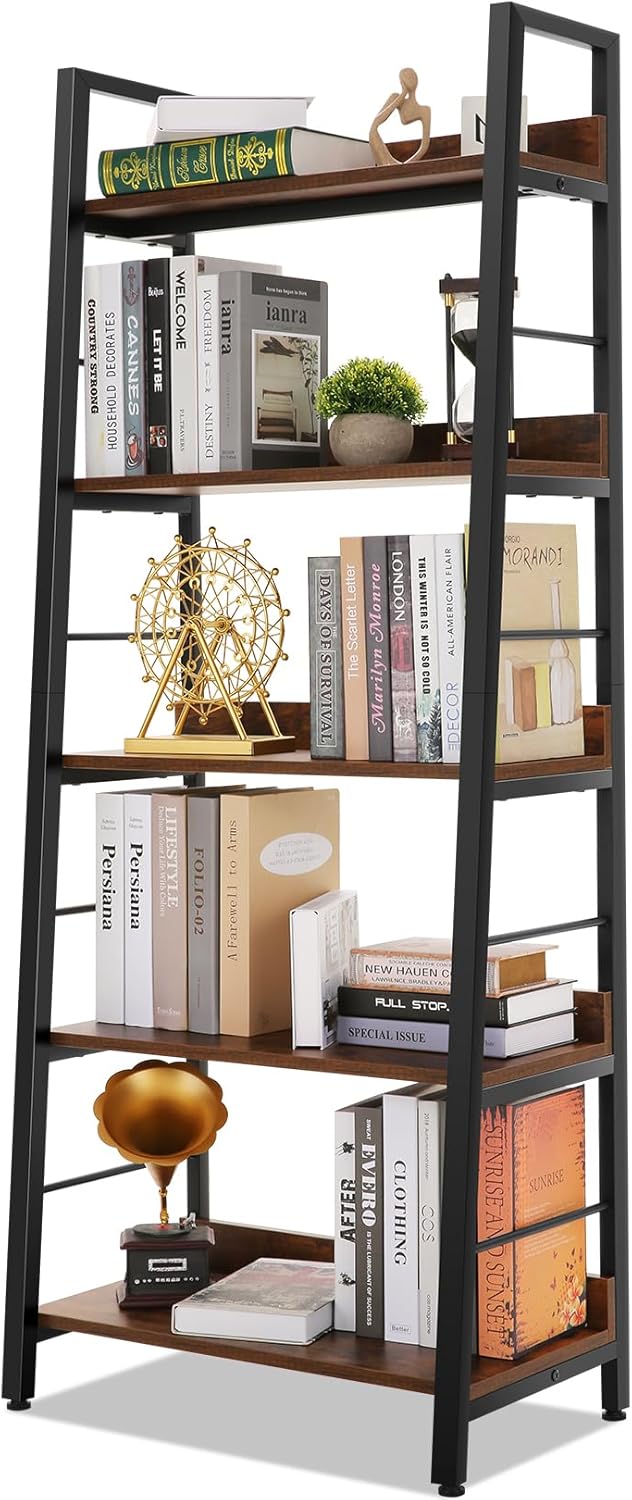 Himimi Industrial Bookshelf 5-Tier, Home Office Bookcase Ladder Shelf, Freestanding Storage Shelves Rack Shelf Unit, Brown Ladder Bookcases with Metal Frame for Bedroom, Living Room, Kitchen