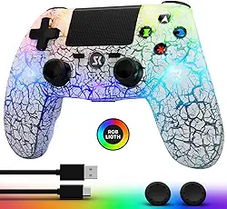 CHENGDAO Controller for PS4, Wireless Controllers for PlayStation 4/Pro/Slim, Remote Control with Adjustable RGB Light/1000mAh Battery/6-Axis Motion Sensor/Double Vibration/3.5mm Audio Jack, White