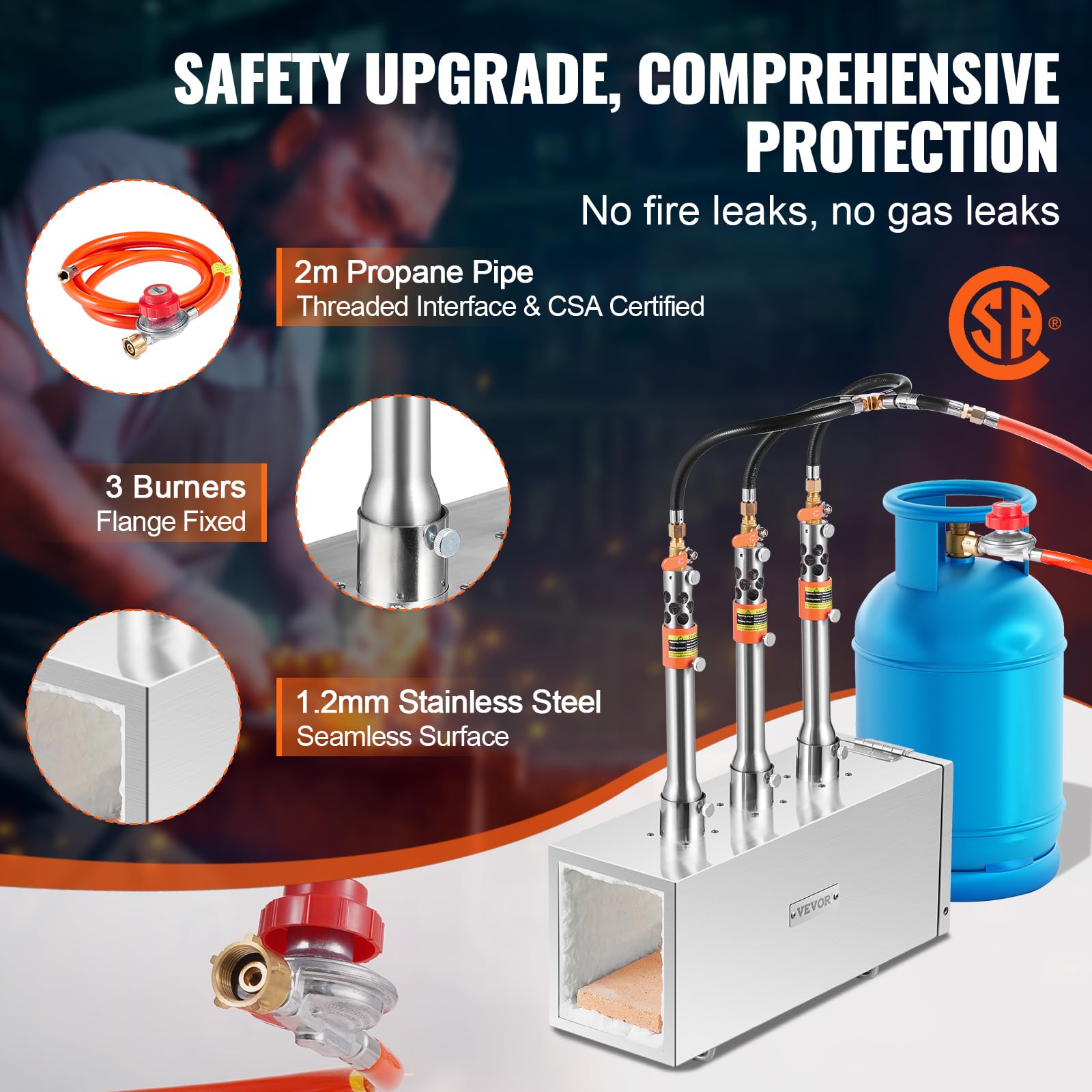 VEVOR Forgia a gas propano portatile, forno a gas quadrato con 3 bruciatori, temperatura max 1427 ℃, utensili e attrezzature per forgiatura a gas in acciaio inox, per colteliere Maréchaux-Ferrants