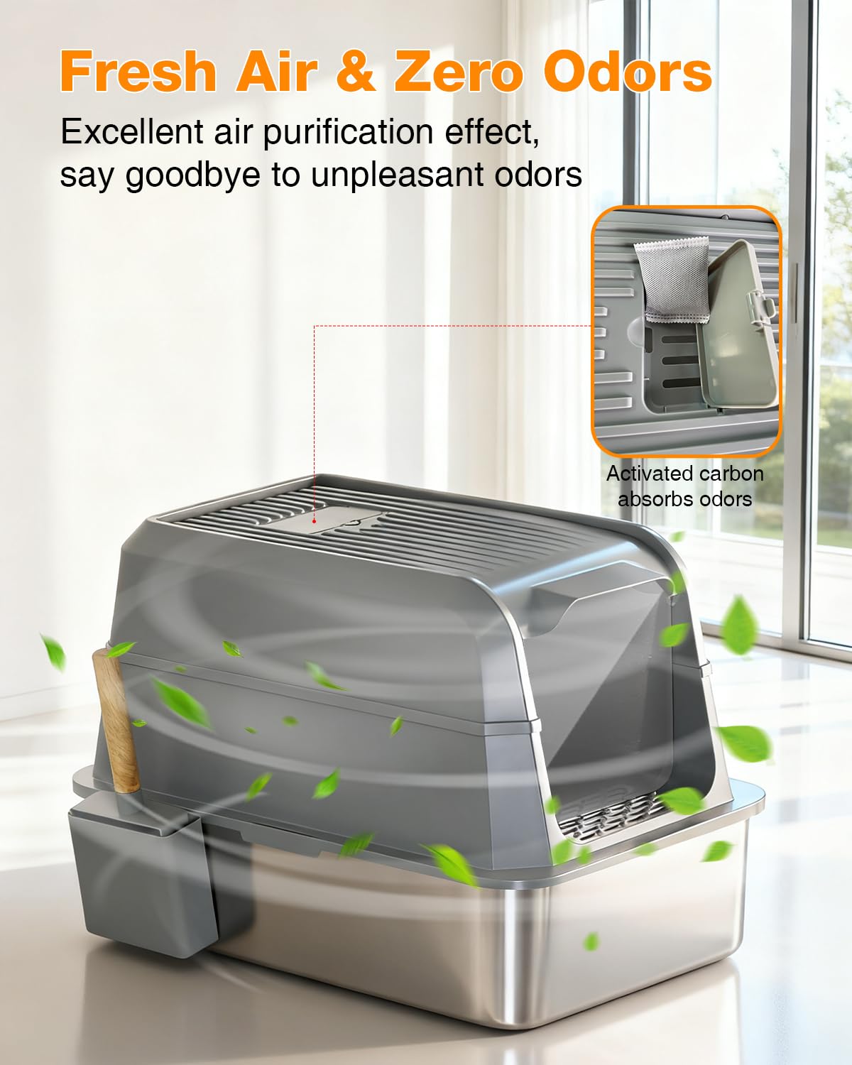PETUX 2-Pack Stainless Steel Litter Box with Lid - High Sided, Odor-Proof, Anti-Leakage, Non-Stick, Easy to Clean and Extra Large Enclosed Litter Box with Scoop and Non-Slip Mat for Multi-Cats - Grey - image 4