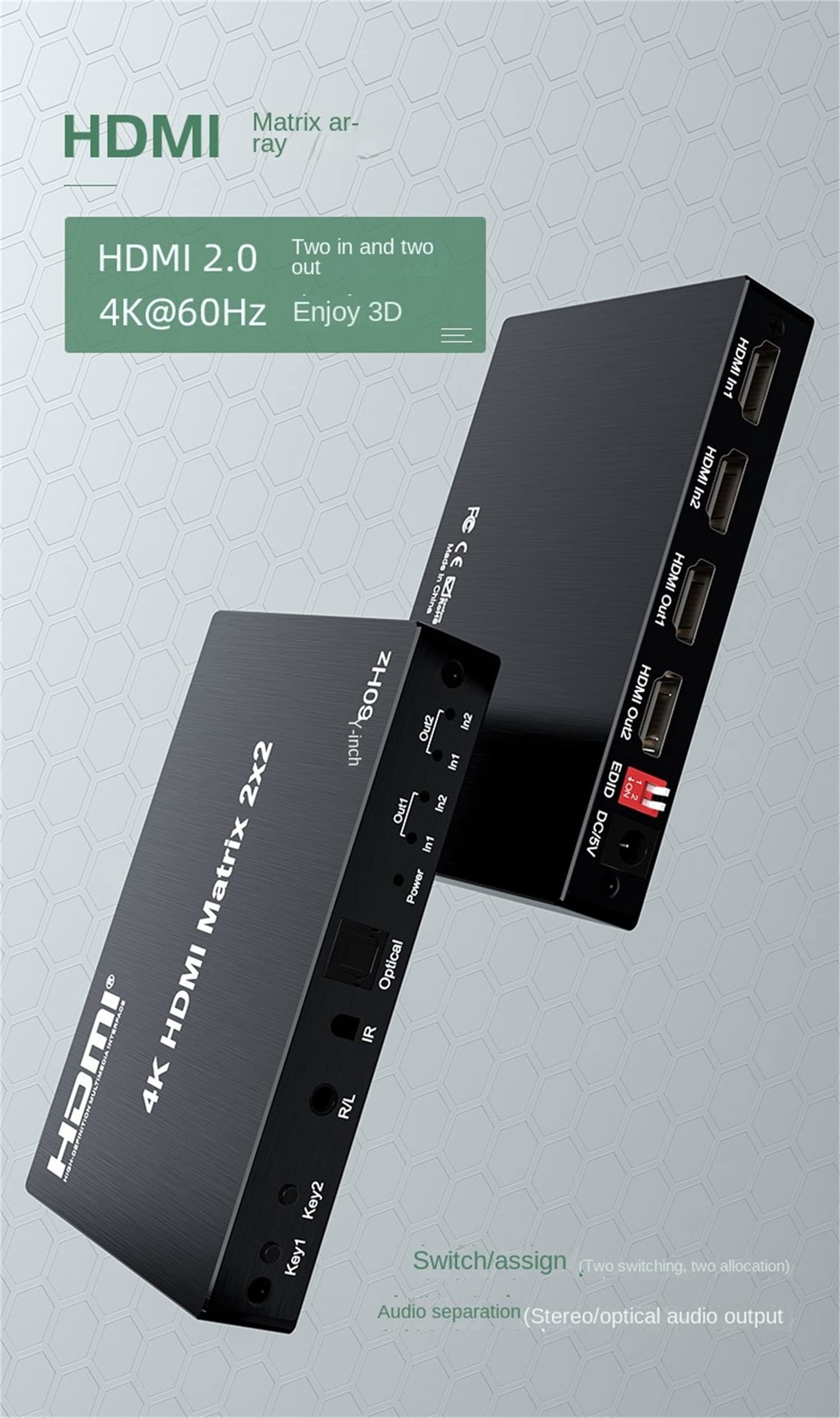 Matriz HDMI 4K 2x2, conmutador de matriz HDMI 4K 60Hz 2 en 2 salidas Matrix HDMI convertidor divisor con EDID óptico para Dolby PC PS4 a monitor de TV